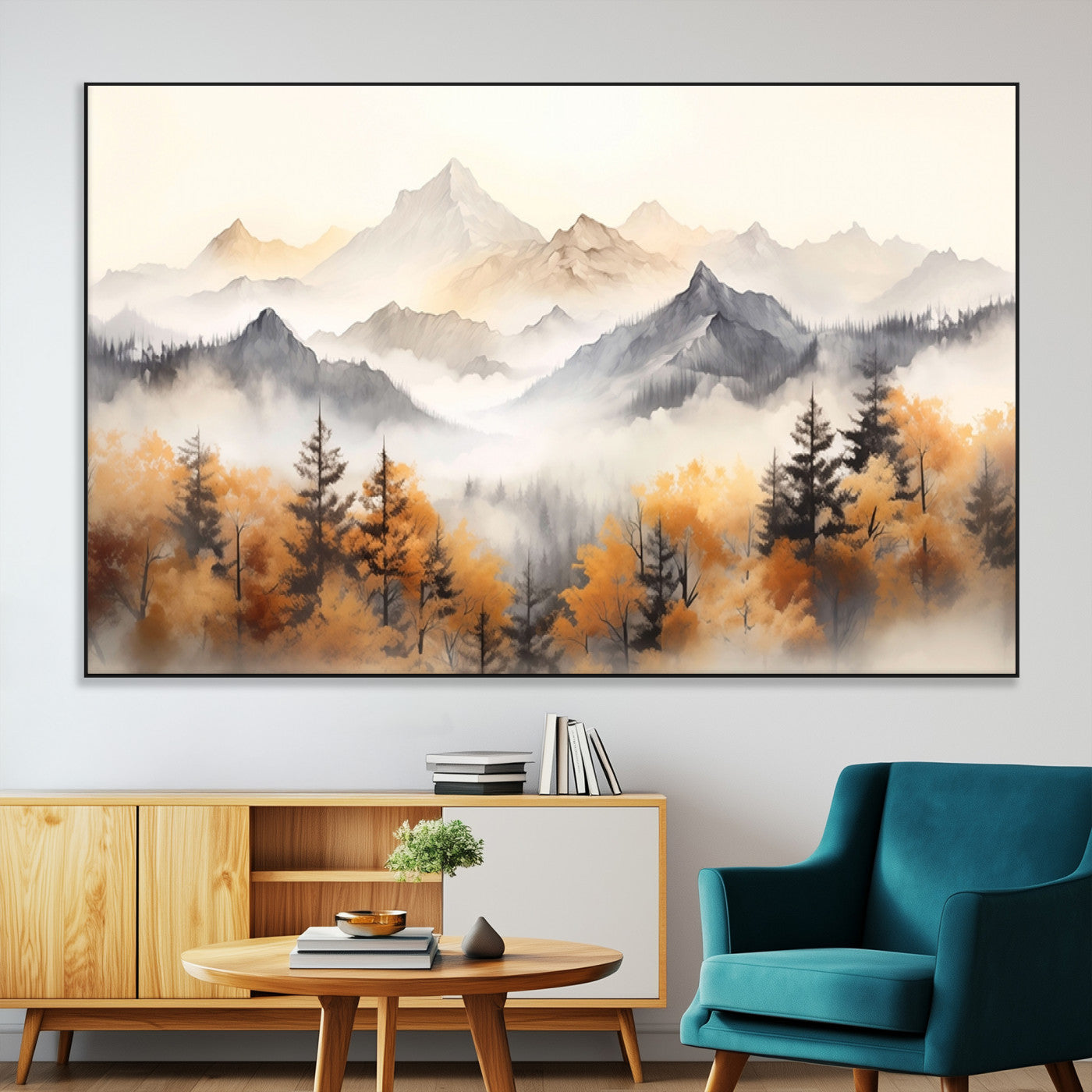 70049-MGV-CV-36X24-Autumn Mountain Forest Wall Art – Misty Landscape Canvas Print, Rustic Nature Inspired Decor for Living Room, Bedroom or Office