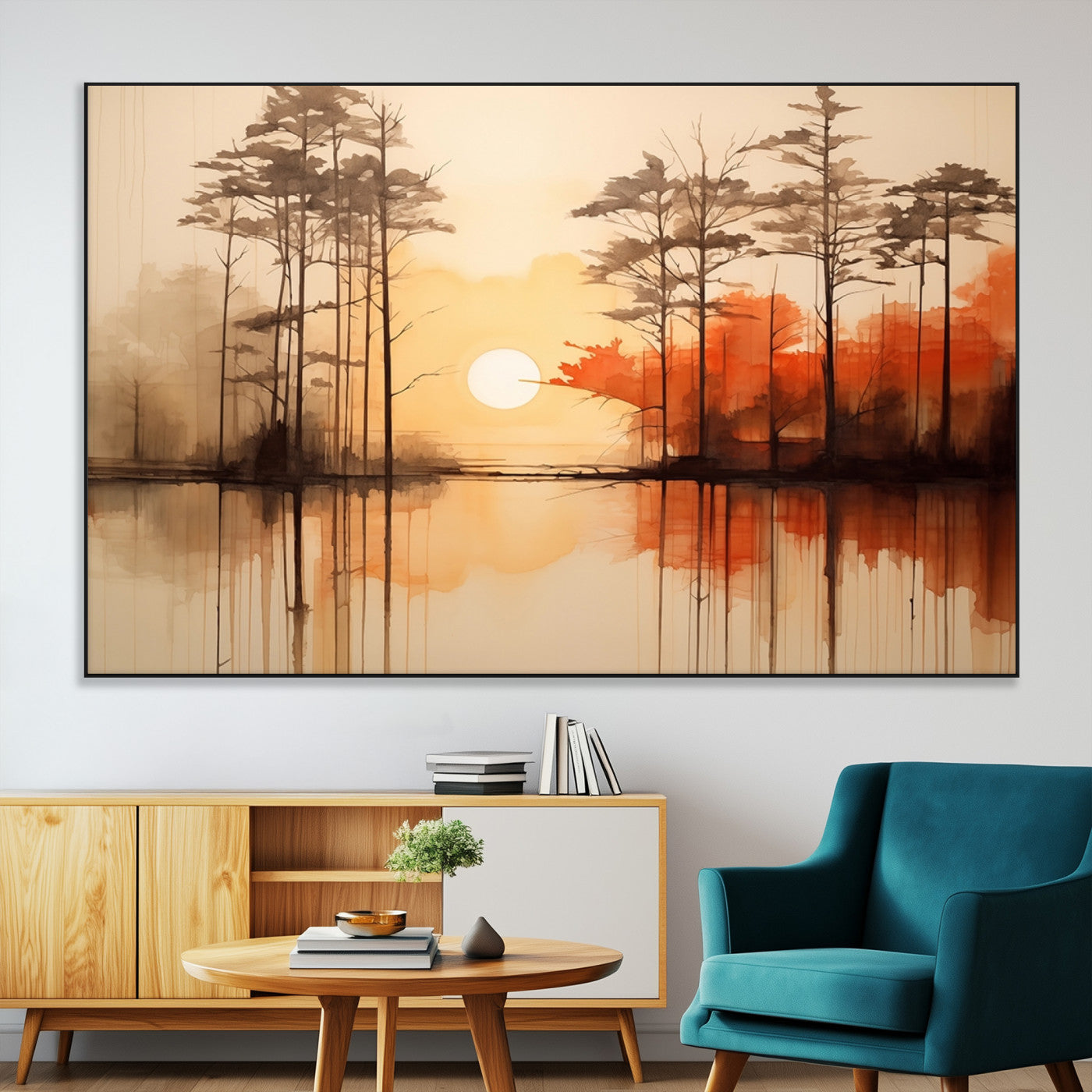 51083-MGV-CV-36X24-Sunset Lake Forest Wall Art – Serene Trees and Orange Sky Reflection Canvas Print, Tranquil Nature Decor for Living Room, Office