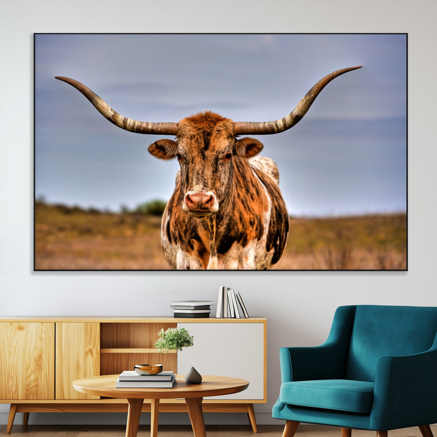 18594-MGV-CV-36X24-Texas Longhorn Bull Wall Art – Rustic Western Cattle Canvas Print, Country Farmhouse Decor for Living Room, Office or Cabin