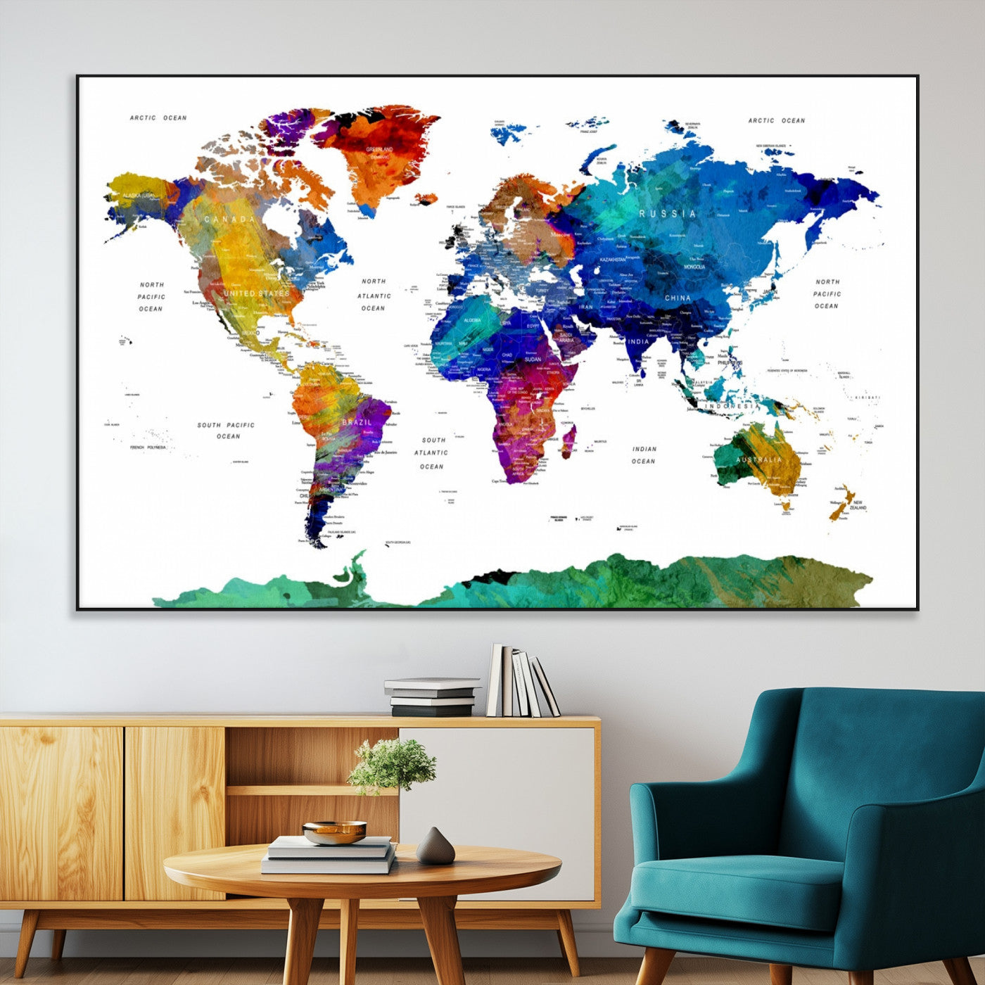 48979-MGV-CV-36X24-Colorful World Map Wall Art – Modern Abstract Map Canvas Print for Home, Office, or Study Decor