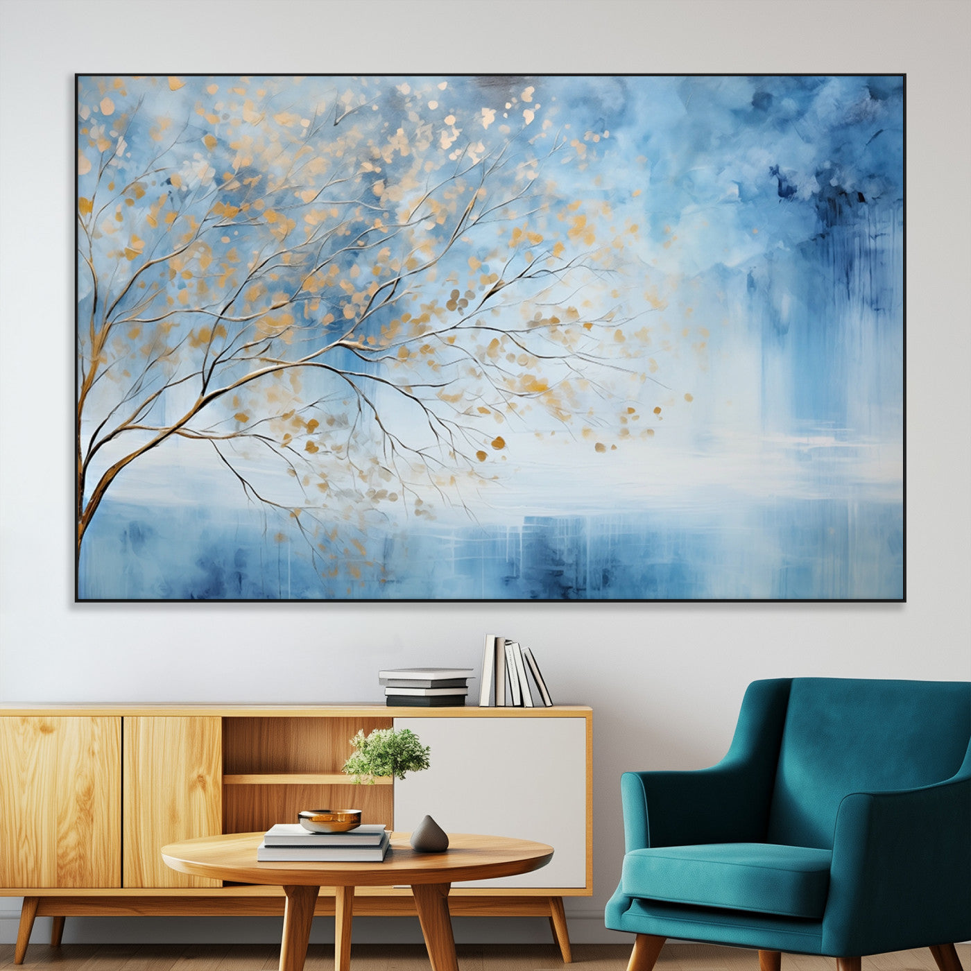 23891-MGV-CV-36X24-Abstract Tree Wall Art – Minimalist Blue and Gold Canvas Painting, Elegant Nature-Inspired Artwork for Living Room, Bedroom or