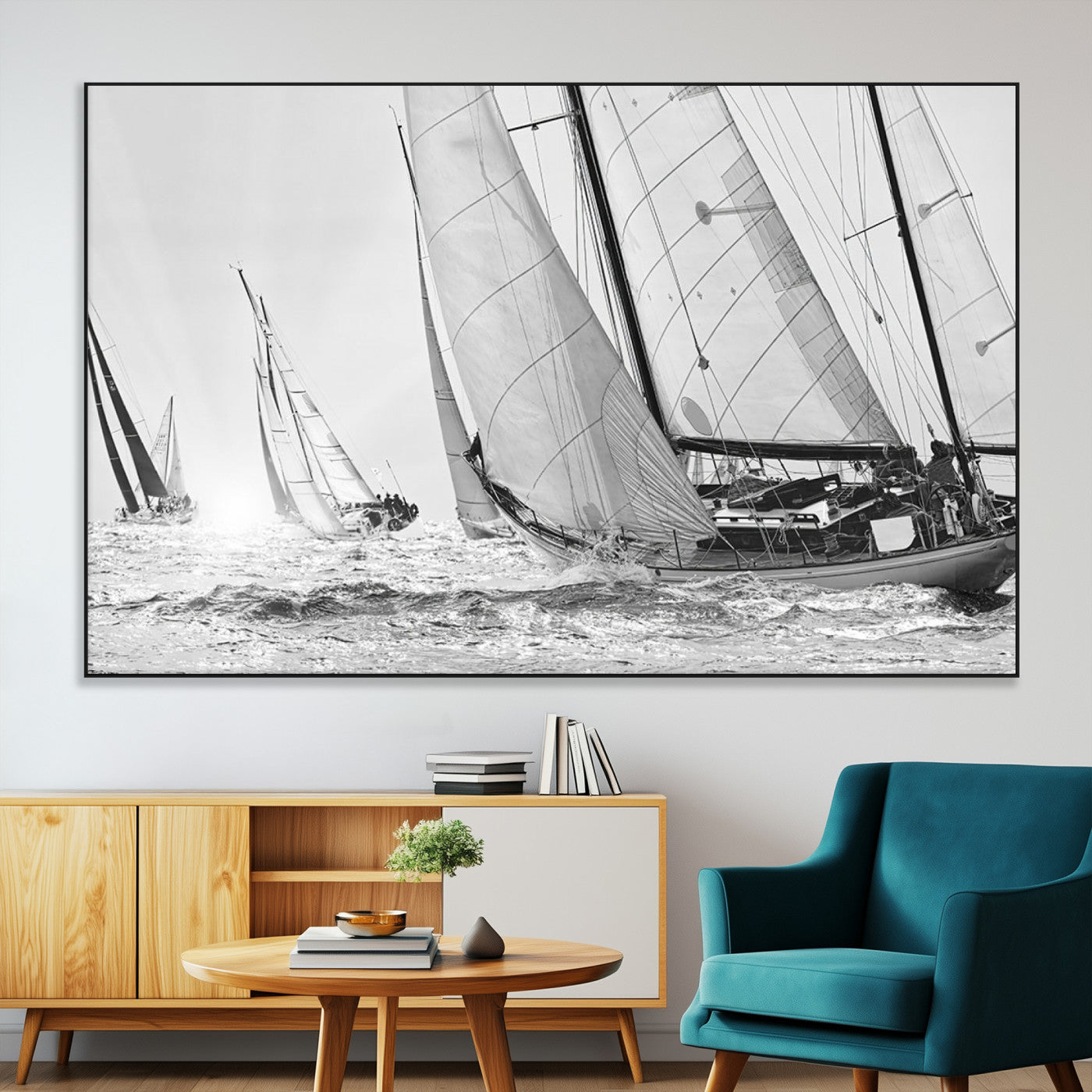 Boat-1-MGV-CV-36X24-Sailboat Racing Wall Art – Nautical Black and White Canvas Print, Ocean Adventure Decor for Office, Living Room or Bedroom