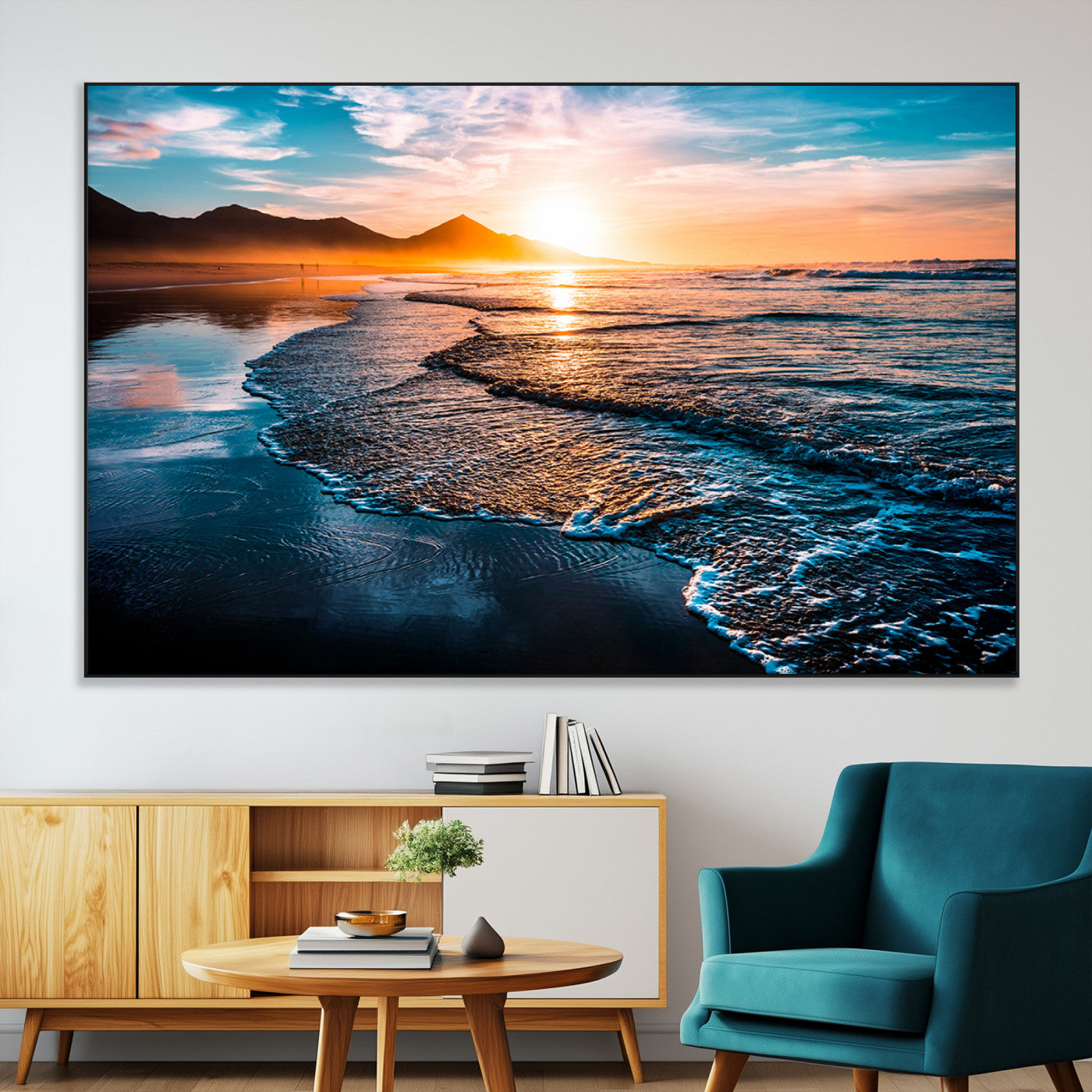 26494-MGV-CV-36X24-Ocean Sunset Wall Art – Scenic Beach Canvas Print with Waves and Mountains, Coastal Seascape Photography for Living Room, Bedroom