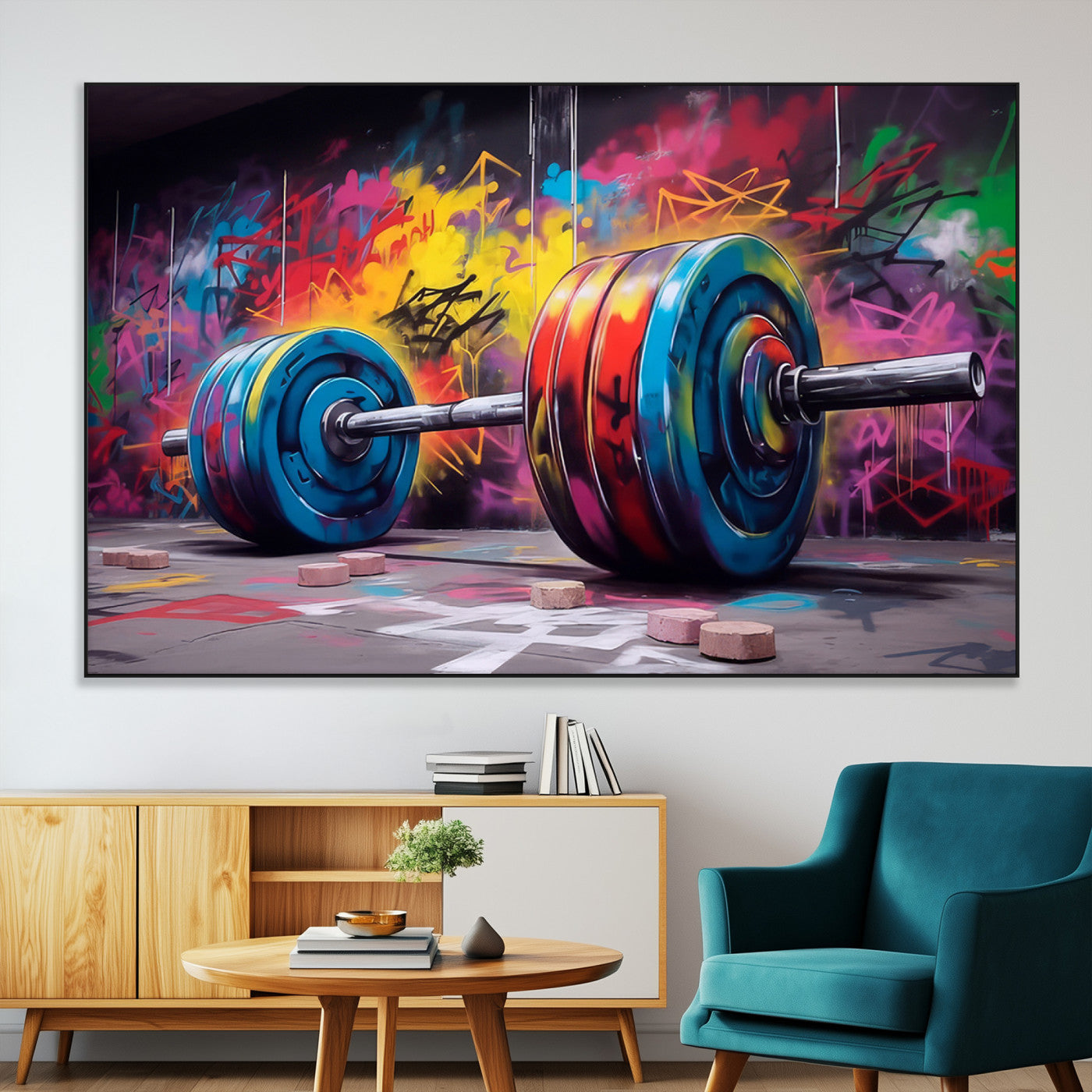 13549-MGV-CV-36X24-Graffiti Gym Wall Art Canvas Print, Framed Graffiti Barbell Art Picture Print, Weightlifting Perfect Fitness Studio Decor Artwork