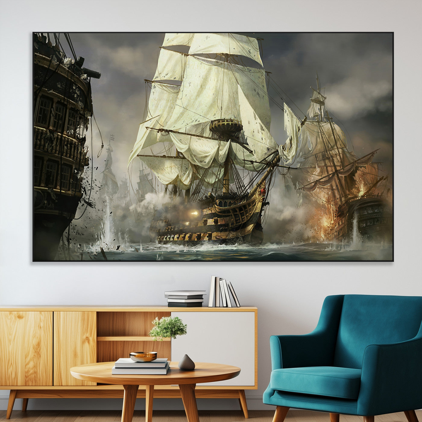 26512-MGV-CV-36X24-Naval Battle Wall Art – Dramatic Tall Ship Canvas Print, Historic Pirate Sailing War Scene, Nautical Decor for Office, Study or
