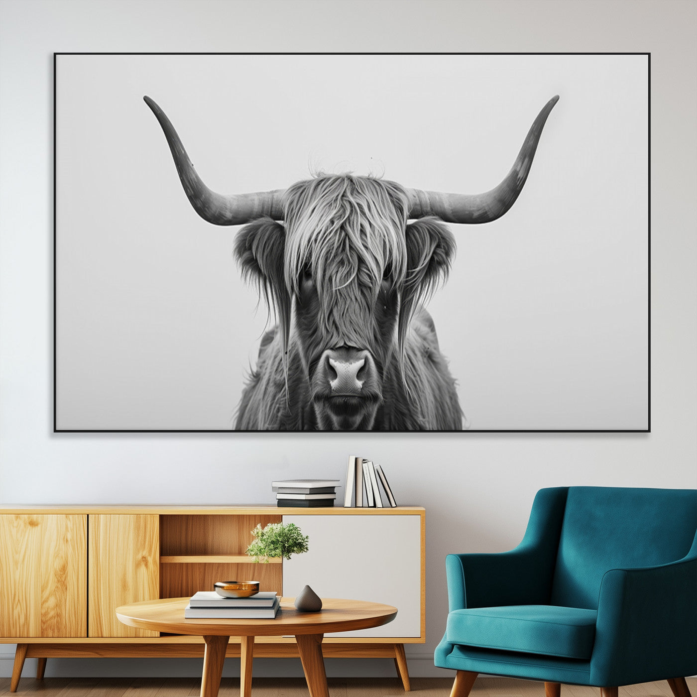 35820-MGV-CV-36X24-Minimalist Highland Cow Wall Art – Black and White Longhorn Cattle Canvas Print, Modern Farmhouse Animal Photography Decor for