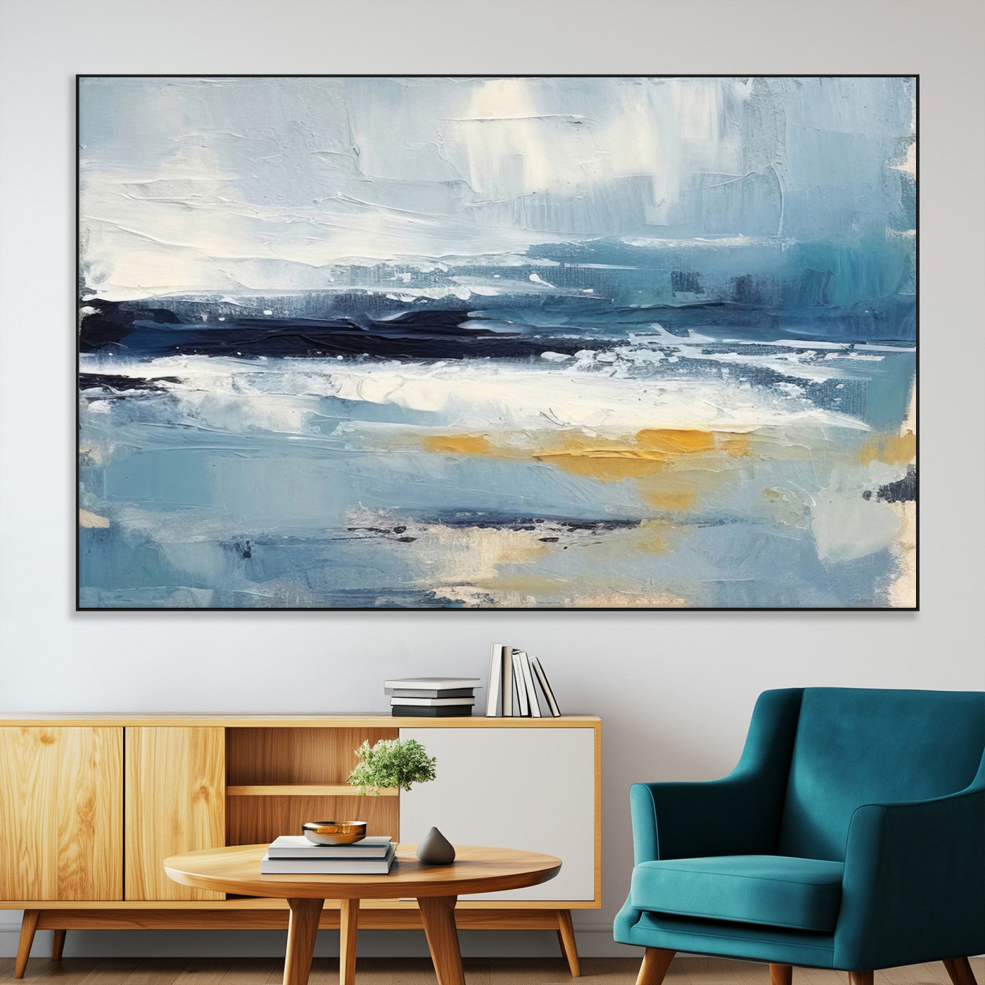 19746-MGV-CV-36X24-Abstract Ocean Wall Art – Modern Coastal Canvas Print with Blue, White and Gold Textures, Contemporary Seascape Painting for