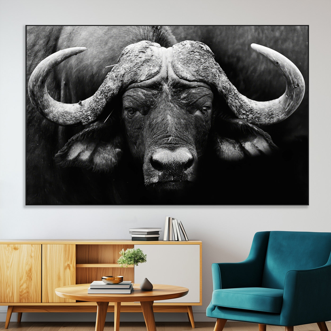 75273-MGV-CV-36X24-Buffalo Wall Art – Black and White African Buffalo Canvas Print, Rustic Wildlife Animal Artwork for Farmhouse, Living Room,