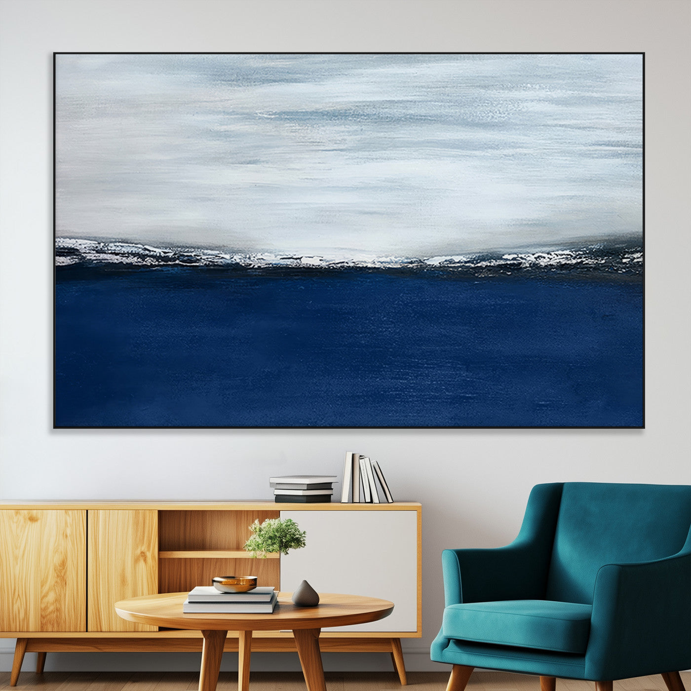 62197-SEG-FC-51X34_Oversize-Abstract Ocean Wall Art – Minimalist Blue and White Canvas Print, Modern Coastal Seascape Painting for Bedroom, Living Room or