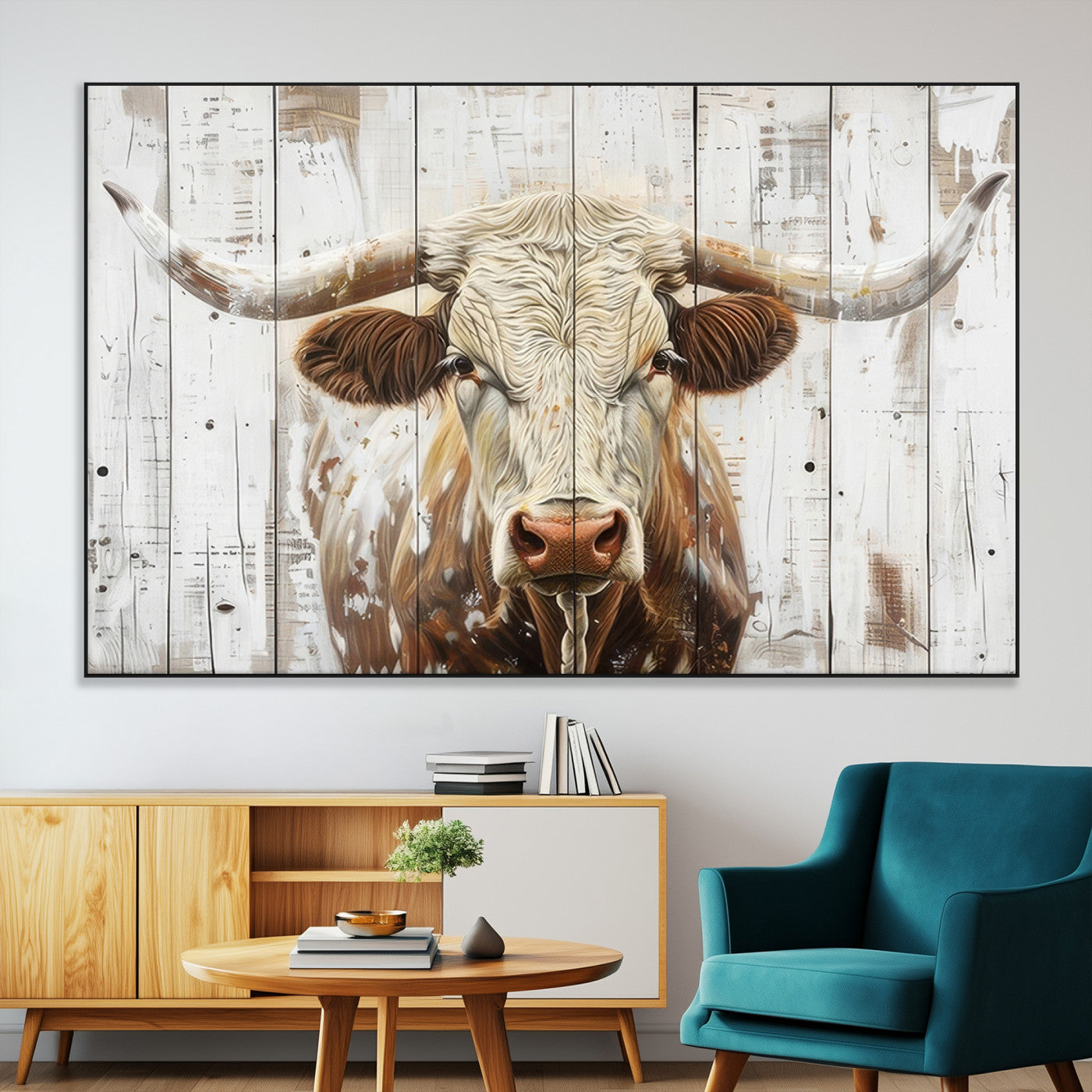 71551-MGV-CV-36X24-Longhorn Bull Wall Art – Rustic Western Cow Canvas Print, Farmhouse Animal Painting with Wood Plank Style for Living Room, Office