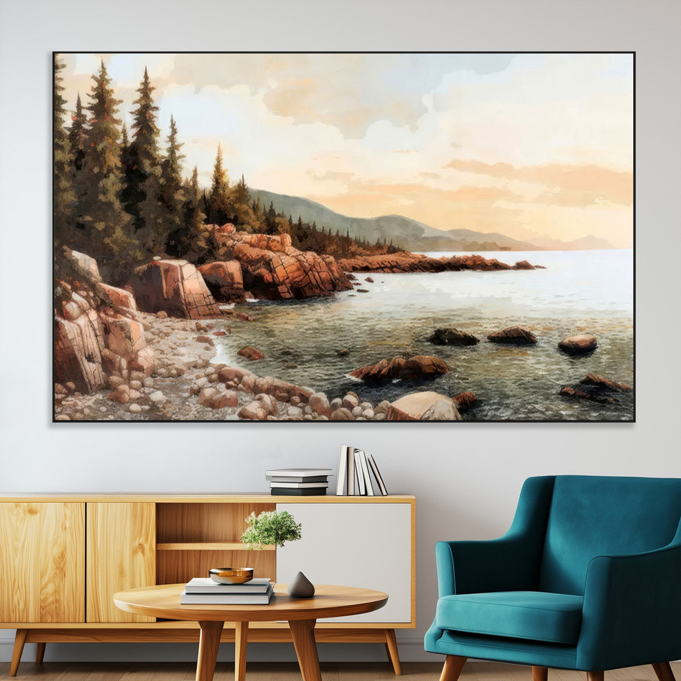 77145-SEG-FC-51X34_Oversize-Coastal Landscape Wall Art – Panoramic Rocky Shoreline and Pine Trees Canvas Print, Rustic Nature Decor for Cabin, Lodge, Office,