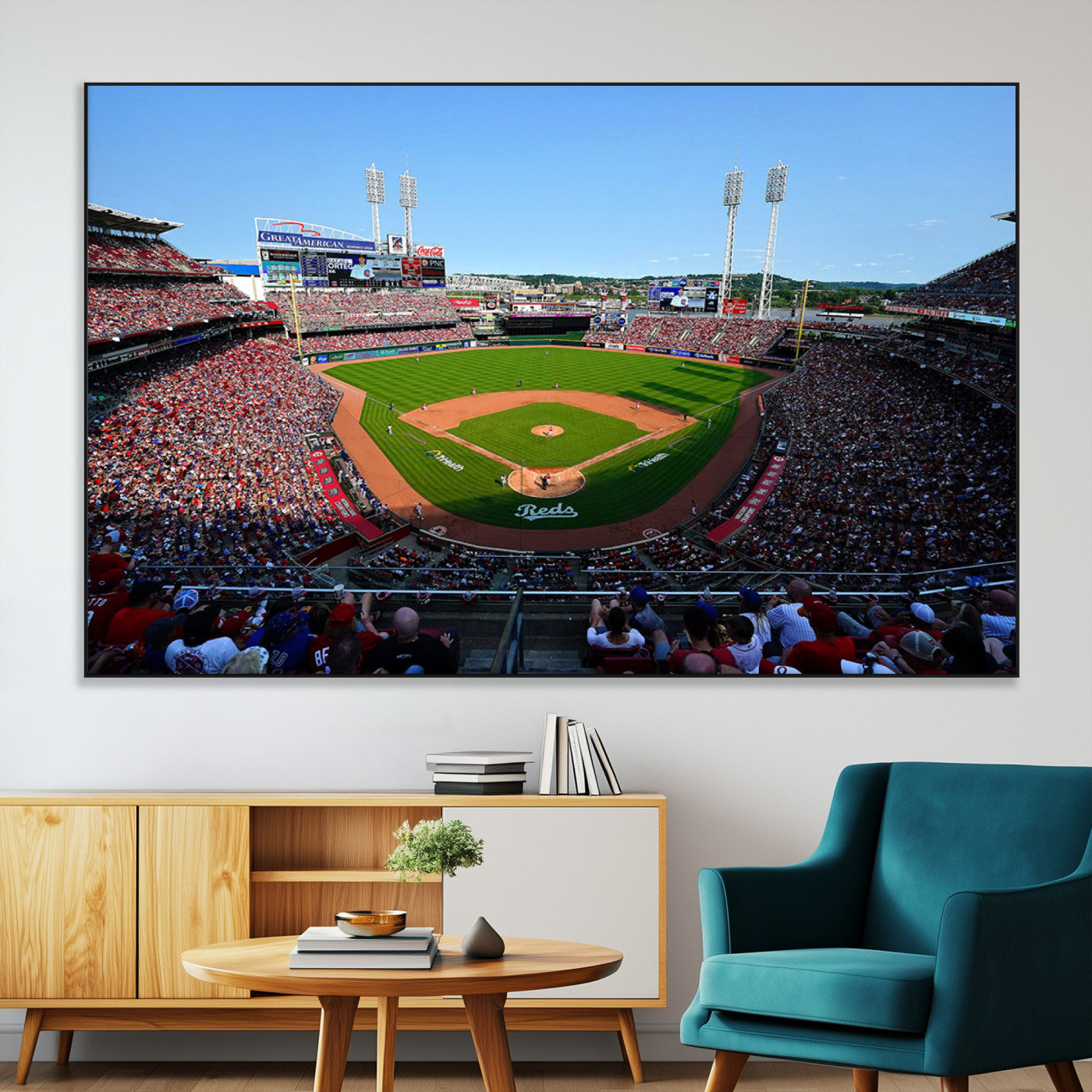 90998-MGV-CV-36X24-Baseball Stadium Wall Art – Canvas Print Day Game Field Packed Crowd Bright Blue Sky Sports Photography, Classic Decor for Game