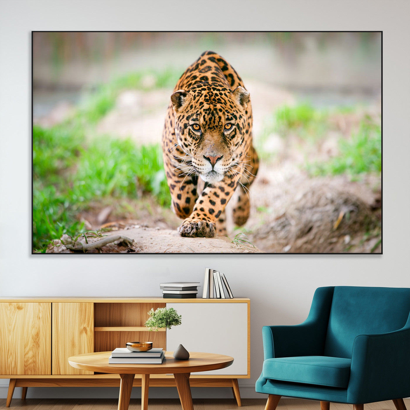 75066-SEG-FC-51X34_Oversize-Leopard Wall Art Canvas Print, Framed Wild Animal Art Picture Print, Blue Eye Leopard Perfect Wild Minimal Decor Artwork