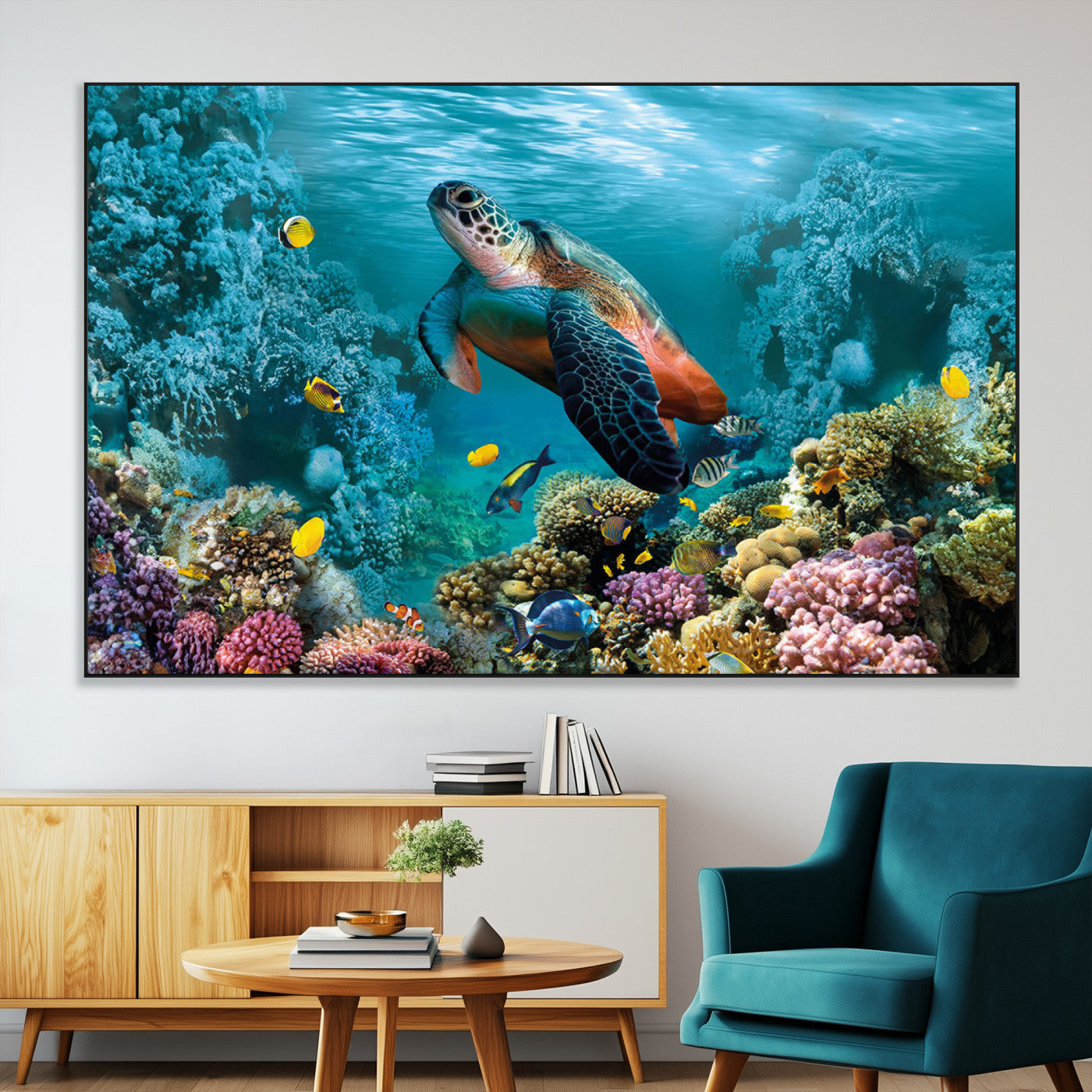 38661-SEG-FC-51X34_Oversize-Sea Turtle Wall Art Canvas Print, Framed Ocean Wildlife Art Picture Print, Turtle Perfect Coastal Nature Decor Artwork