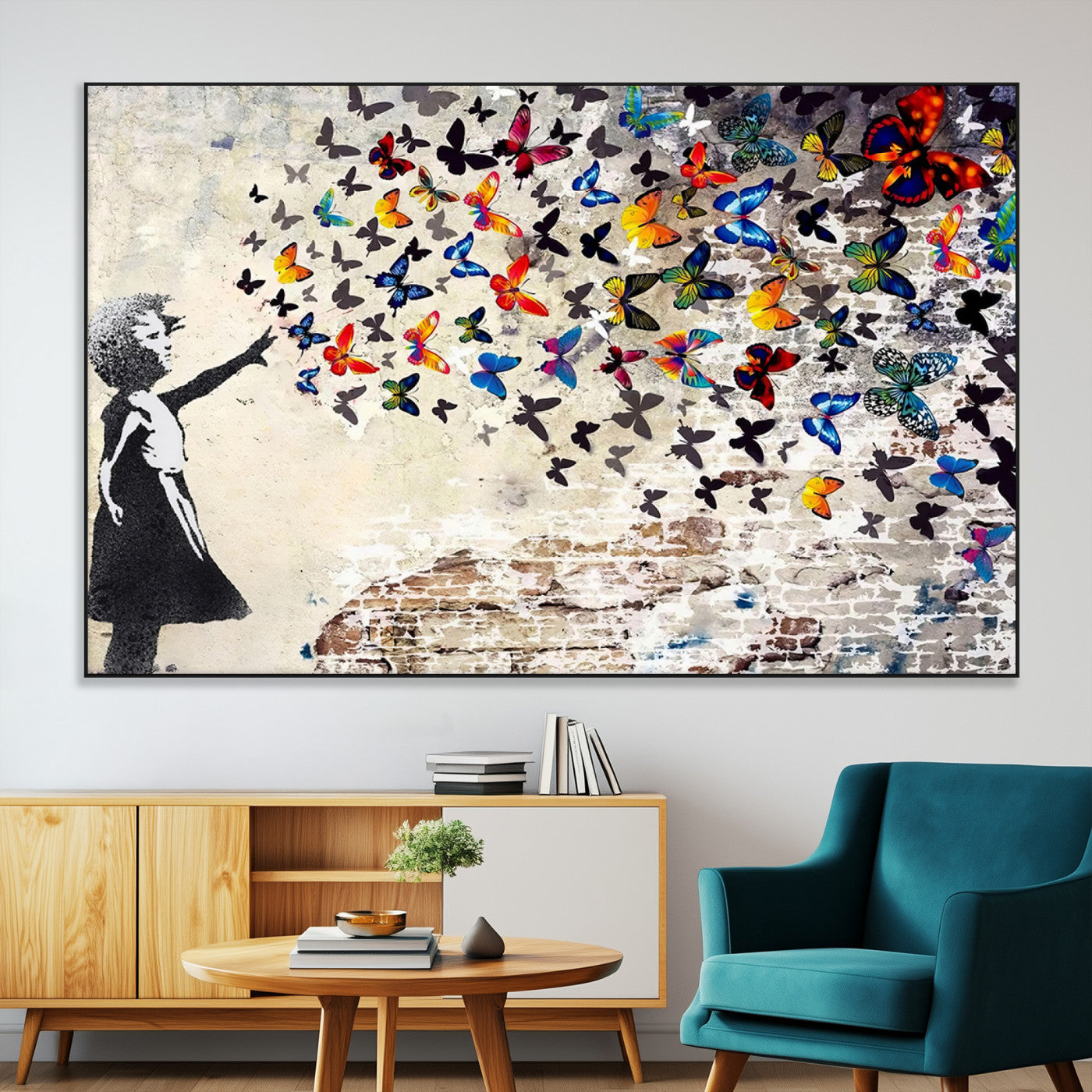 97895-MGV-CV-36X24-Girl with Butterflies Wall Art – Colorful Street Art Style Canvas Print, Modern Graffiti-Inspired Butterfly Artwork for Living