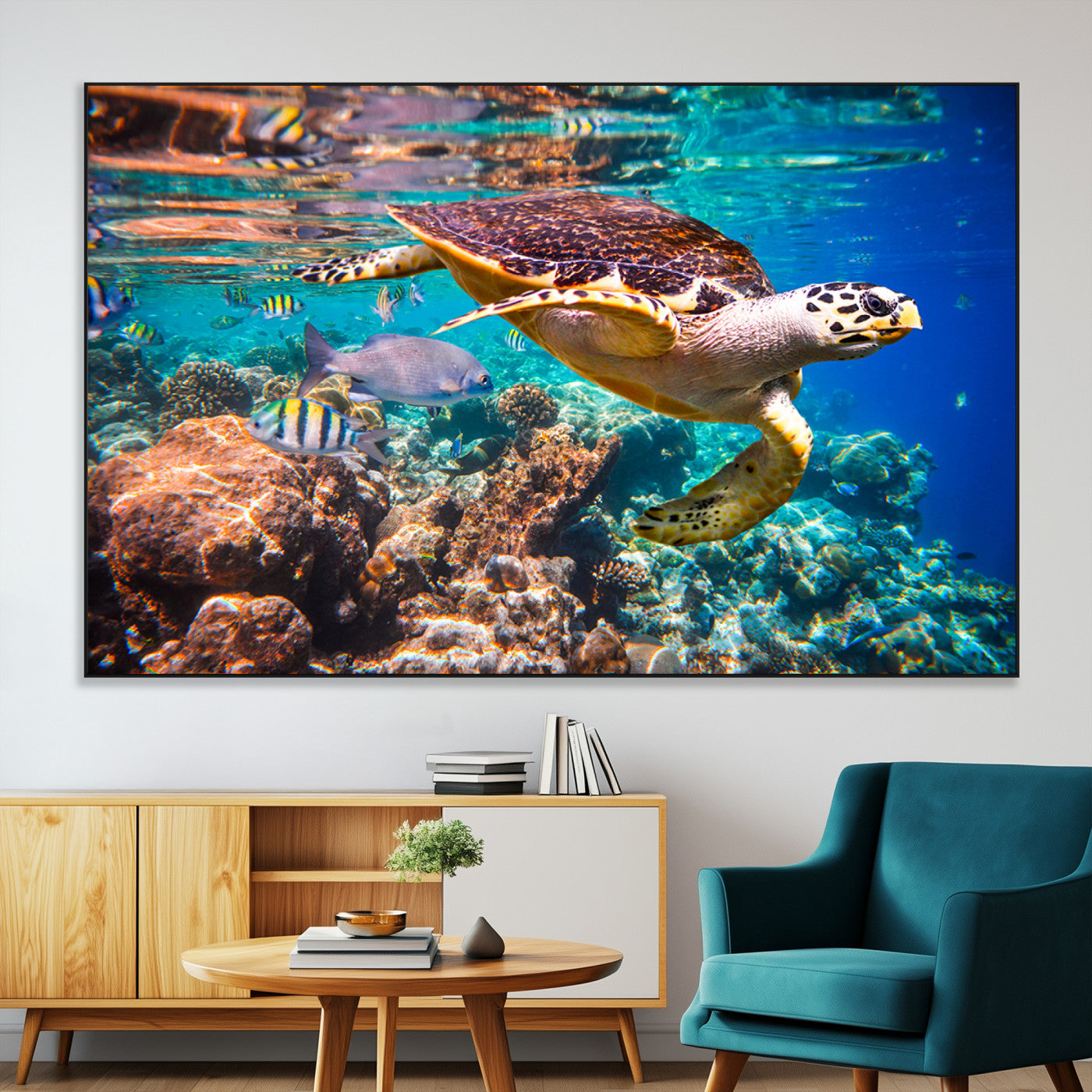 66614-MGV-CV-36X24-Sea Turtle Wall Art – Hawksbill Turtle Swimming Over Coral Reef Canvas Print, Ocean Marine Life Decor for Beach House, Coastal