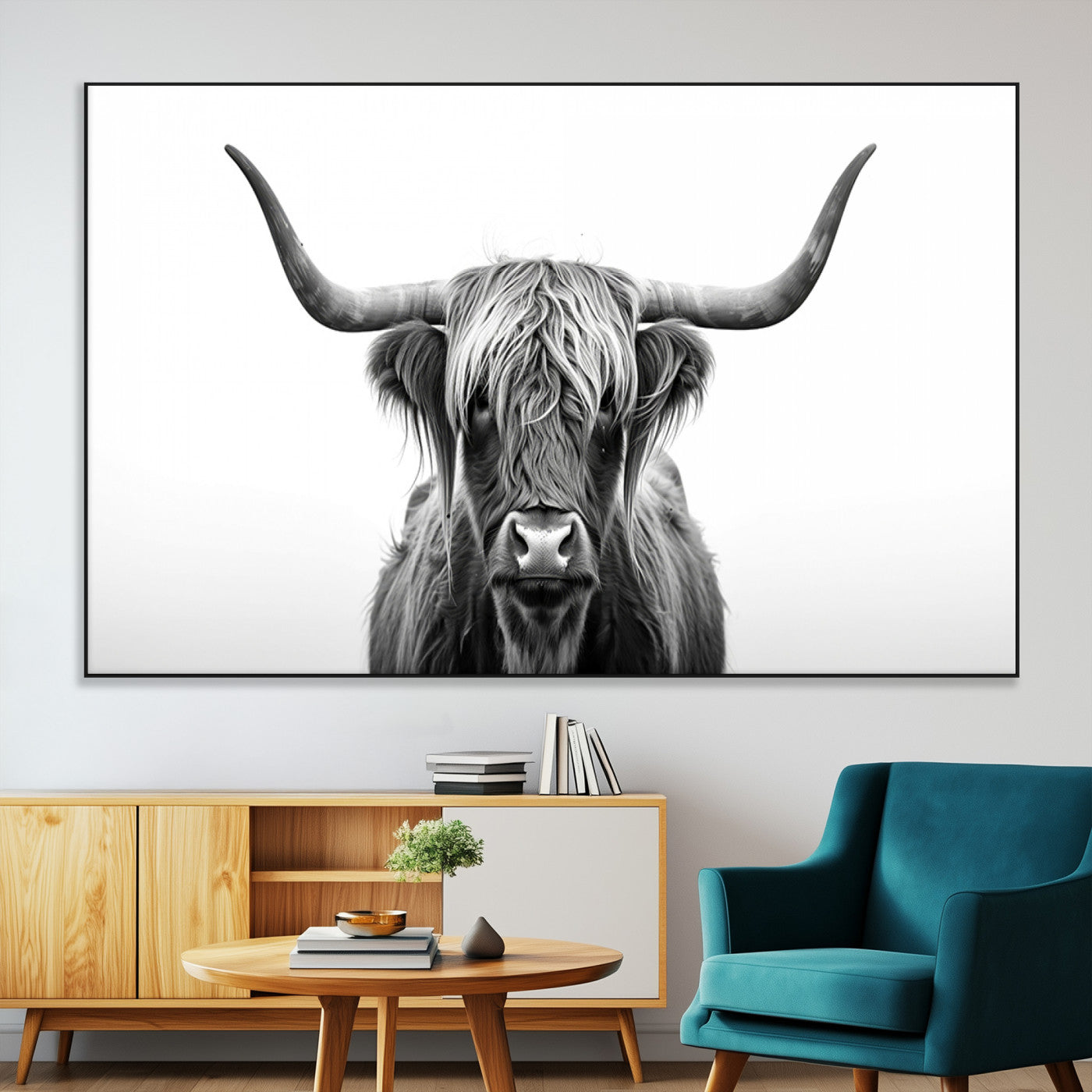 49556-MGV-CV-36X24-Highland Cow Wall Art – Black and White Scottish Highland Cattle Print, Rustic Farmhouse Minimalist Animal Portrait Canvas for