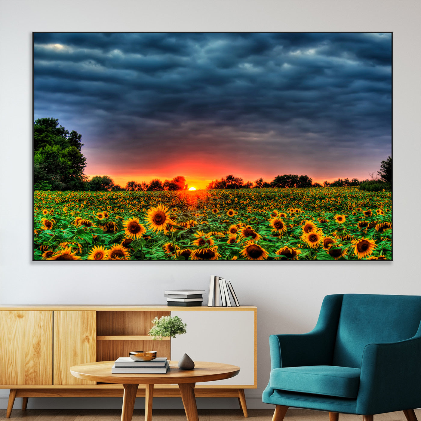 45045-MGV-CV-36X24-Sunflower Field Sunset Wall Art – Dramatic Stormy Sky Landscape Print, Vibrant Yellow Floral Nature Canvas for Living Room,