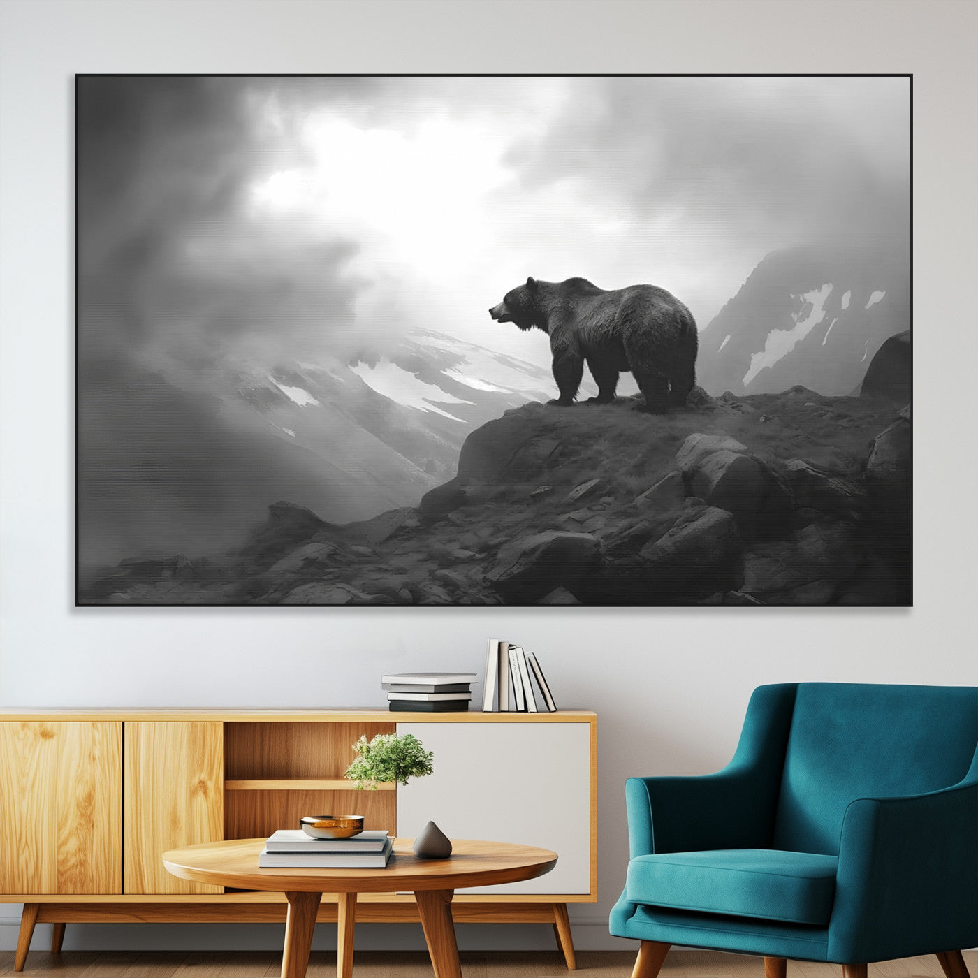 49504-MGV-CV-36X24-Black and White Grizzly Bear Wall Art – Wilderness Wildlife Painting, Rustic Mountain Cabin Decor, Monochrome Animal Print for