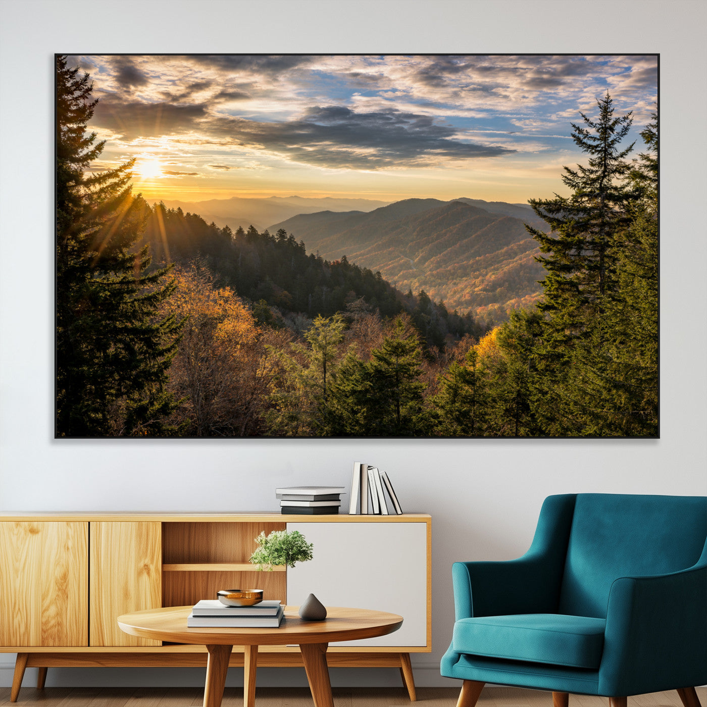 73692479-MGV-CV-36X24-Smoky Mountains Wall Art Canvas Print, Framed Forest Mountain Art Picture Print, Spring Mountain Perfect Spring Style Decor