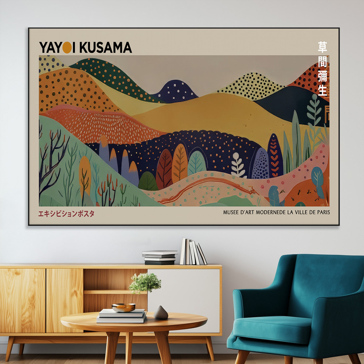 11242-MGV-CV-36X24-Kusama Wall Art – Abstract Colorful Hills Canvas Print, Modern Japanese Inspired Landscape Poster for Living Room, Office or