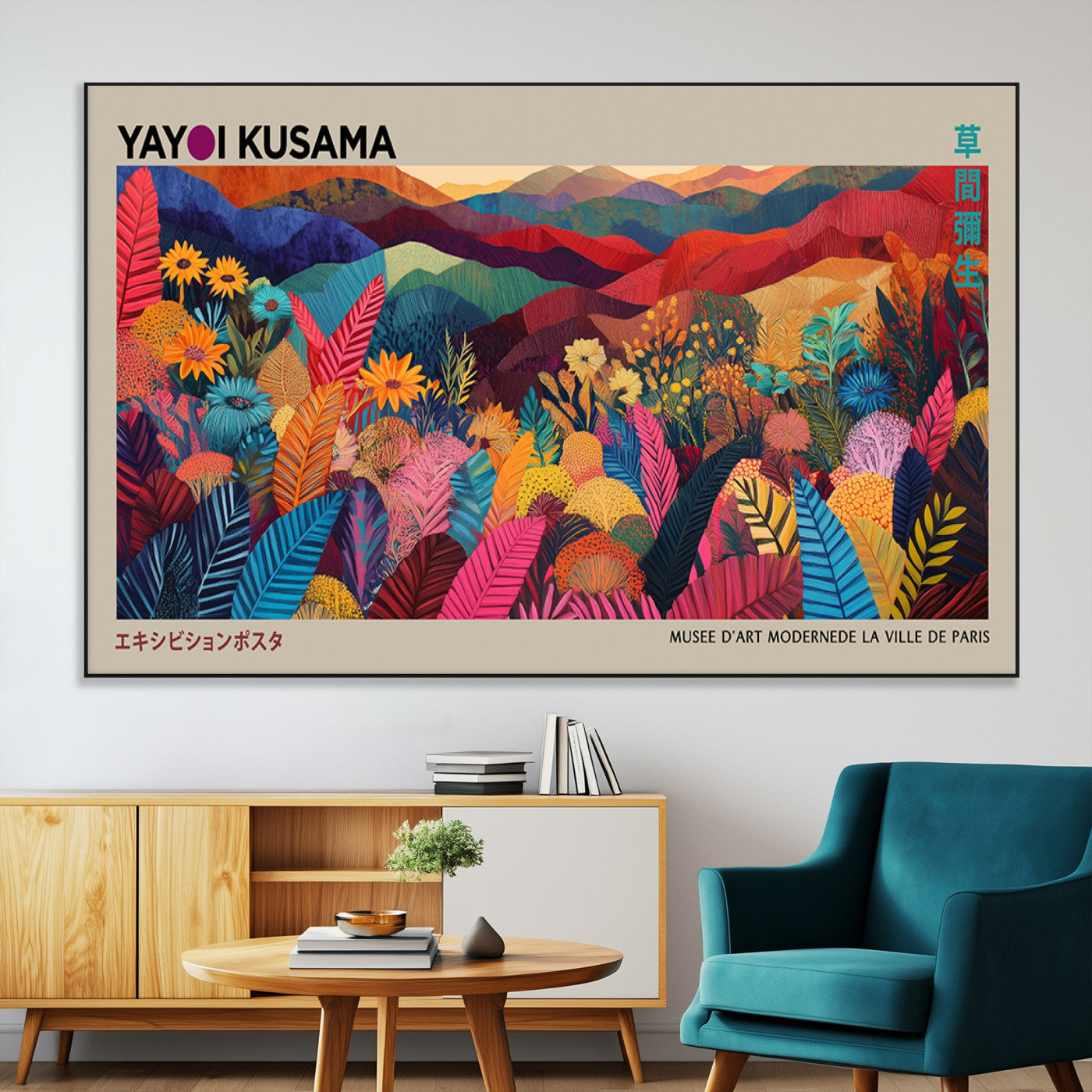 70959-MGV-CV-36X24-Yayoi Kusama Inspired Wall Art – Bold Floral Landscape Canvas Print, Vibrant Modern Abstract Poster for Living Room, Bedroom, or