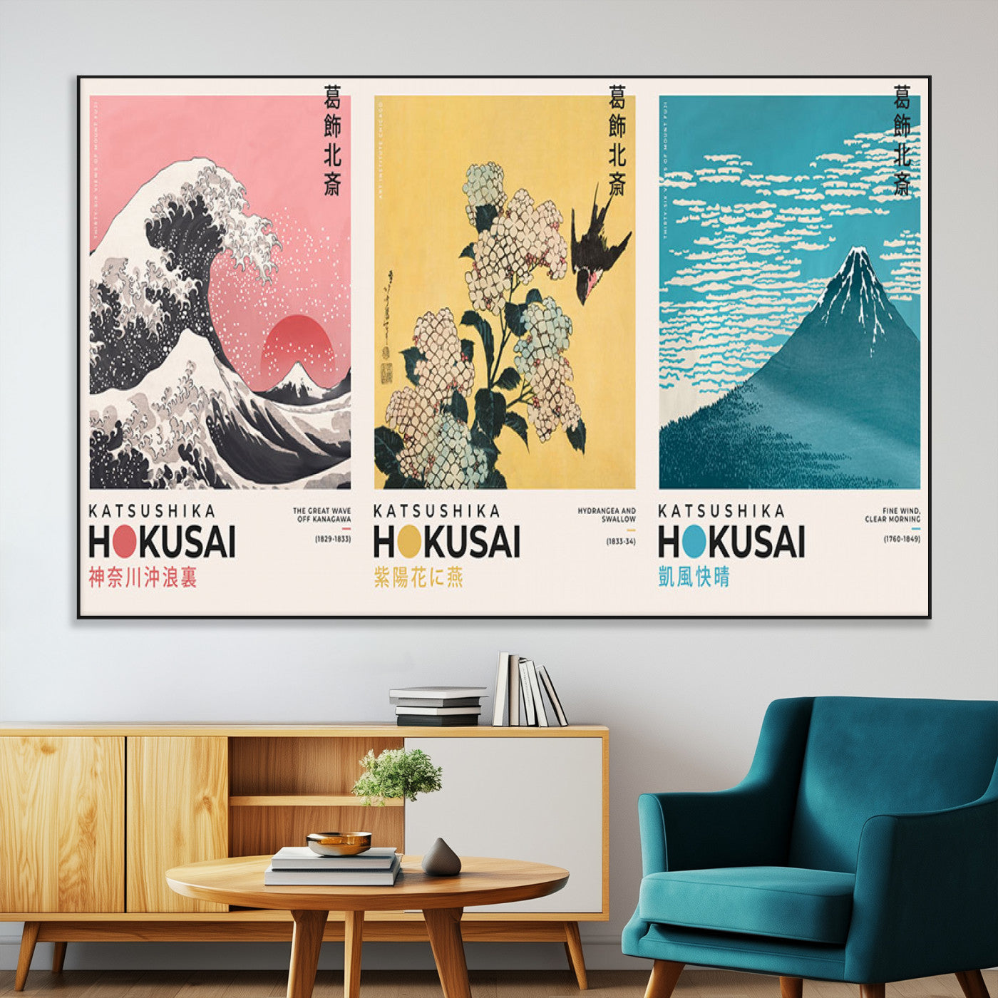 Katsushika-MGV-CV-36X24-Katsushika Hokusai Wall Art Set – The Great Wave, Hydrangea and Swallow, Fine Wind Canvas Prints, Japanese Ukiyo e Style Home and