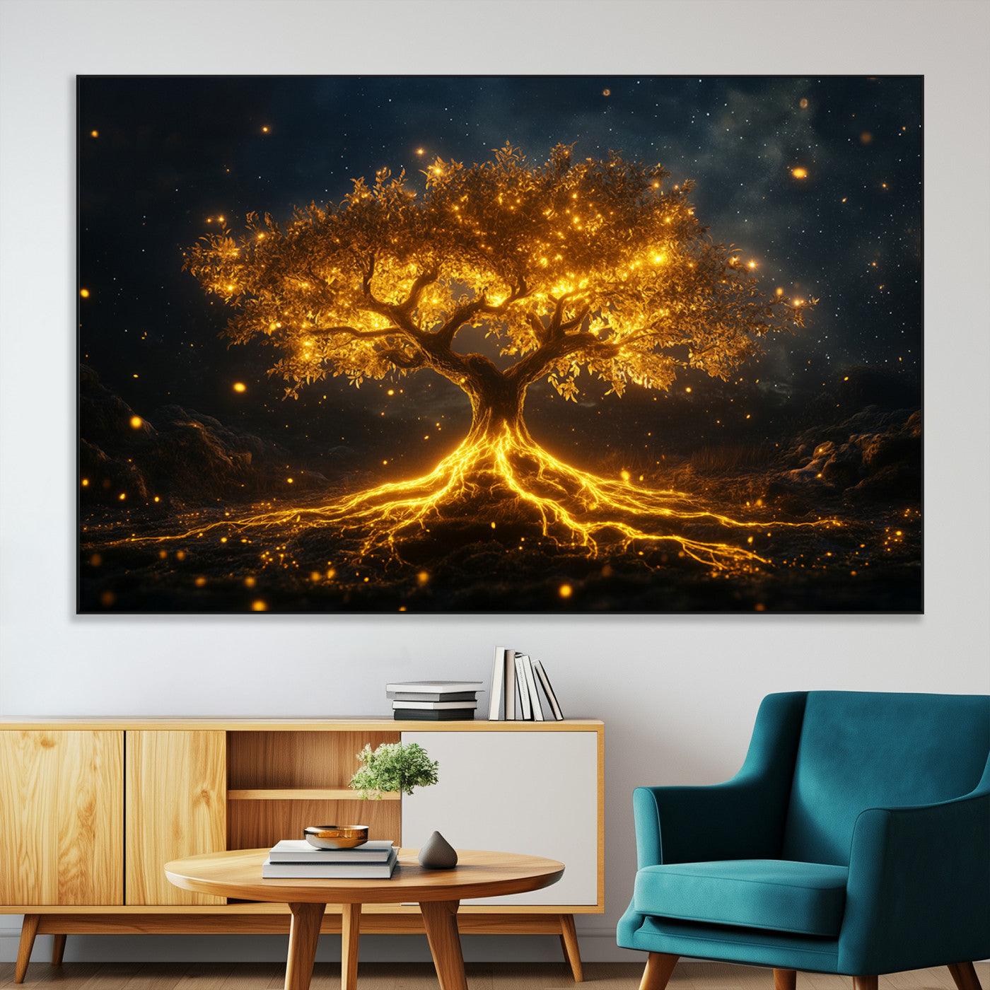 60194-MGV-CV-36X24-Glowing Tree Wall Art – Golden Roots Fantasy Canvas Print, Mystical Illuminated Tree Painting Poster for Living Room, Bedroom,
