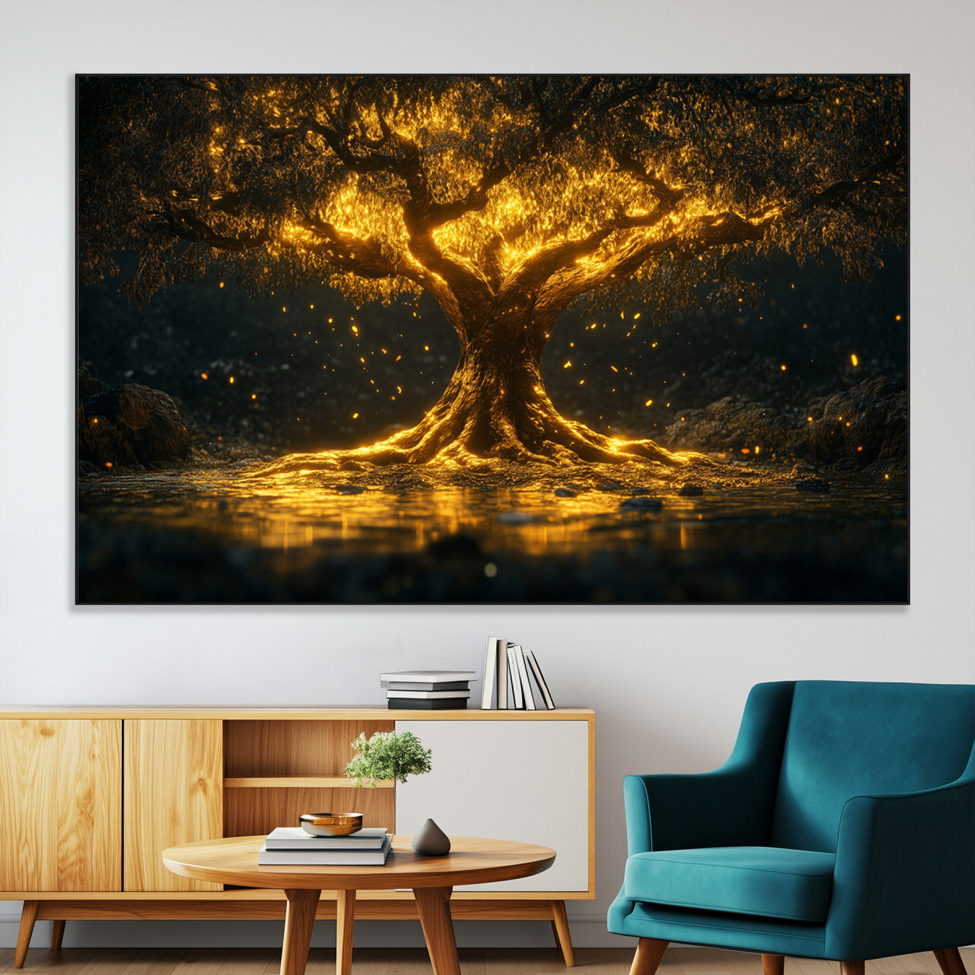 59580-MGV-CV-36X24-Glowing Tree Wall Art – Golden Fantasy Nature Canvas Print, Mystical Illuminated Tree Painting Poster for Living Room, Bedroom,