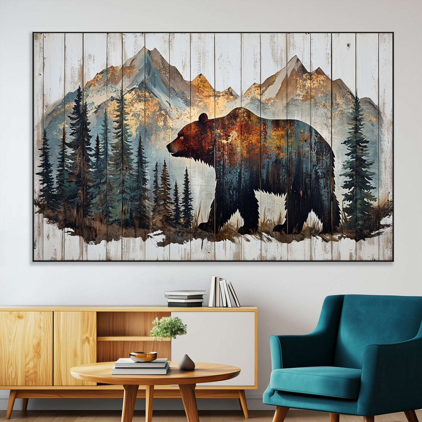 55777-SEG-FC-51X34_Oversize-Rustic Bear Wall Art Canvas Print, Framed Mountain and Forest Art Picture Print, Wooden Bear Perfect Rustic Lodge Decor Artwork