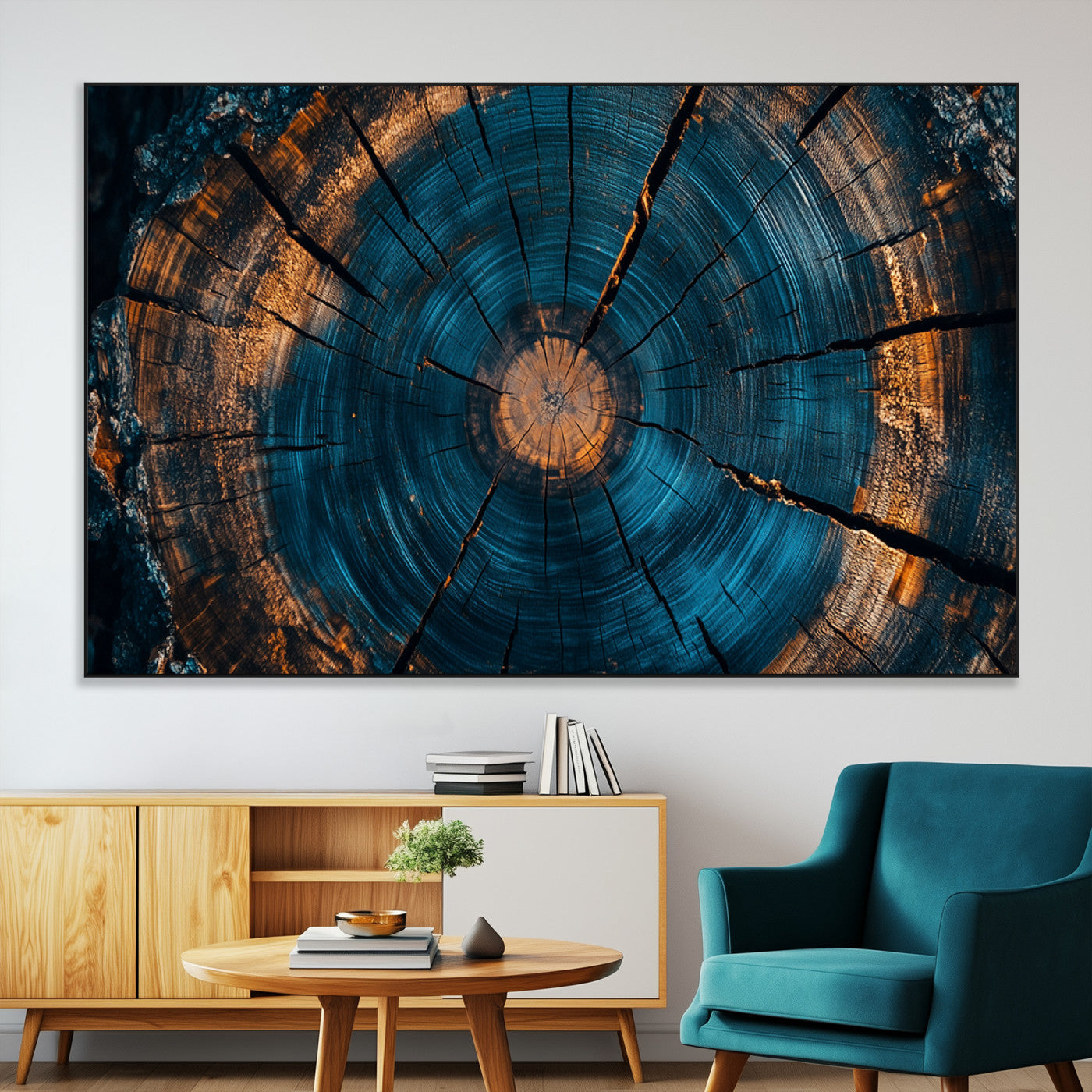 65231-MGV-CV-36X24-Blue and Gold Tree Ring Wall Art – Rustic Abstract Wood Slice Canvas Print, Modern Nature Inspired Artwork for Living Room,