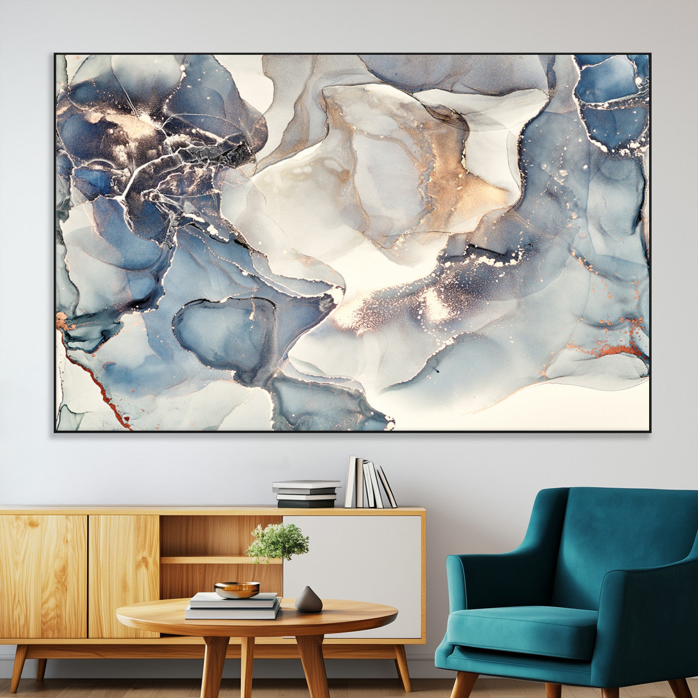51497-MGV-CV-36X24-Abstract Blue and Gold Wall Art – Modern Fluid Ink Style Canvas Print, Elegant Contemporary Decor for Living Room, Office
