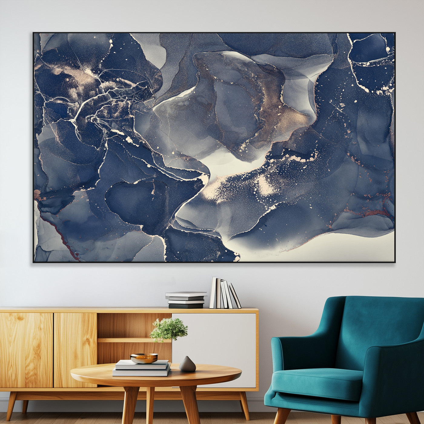28282-MGV-CV-36X24-Blue Abstract Wall Art – Modern Ink Swirl Canvas Print, Contemporary Navy and Gold Painting for Living Room, Bedroom, Office or