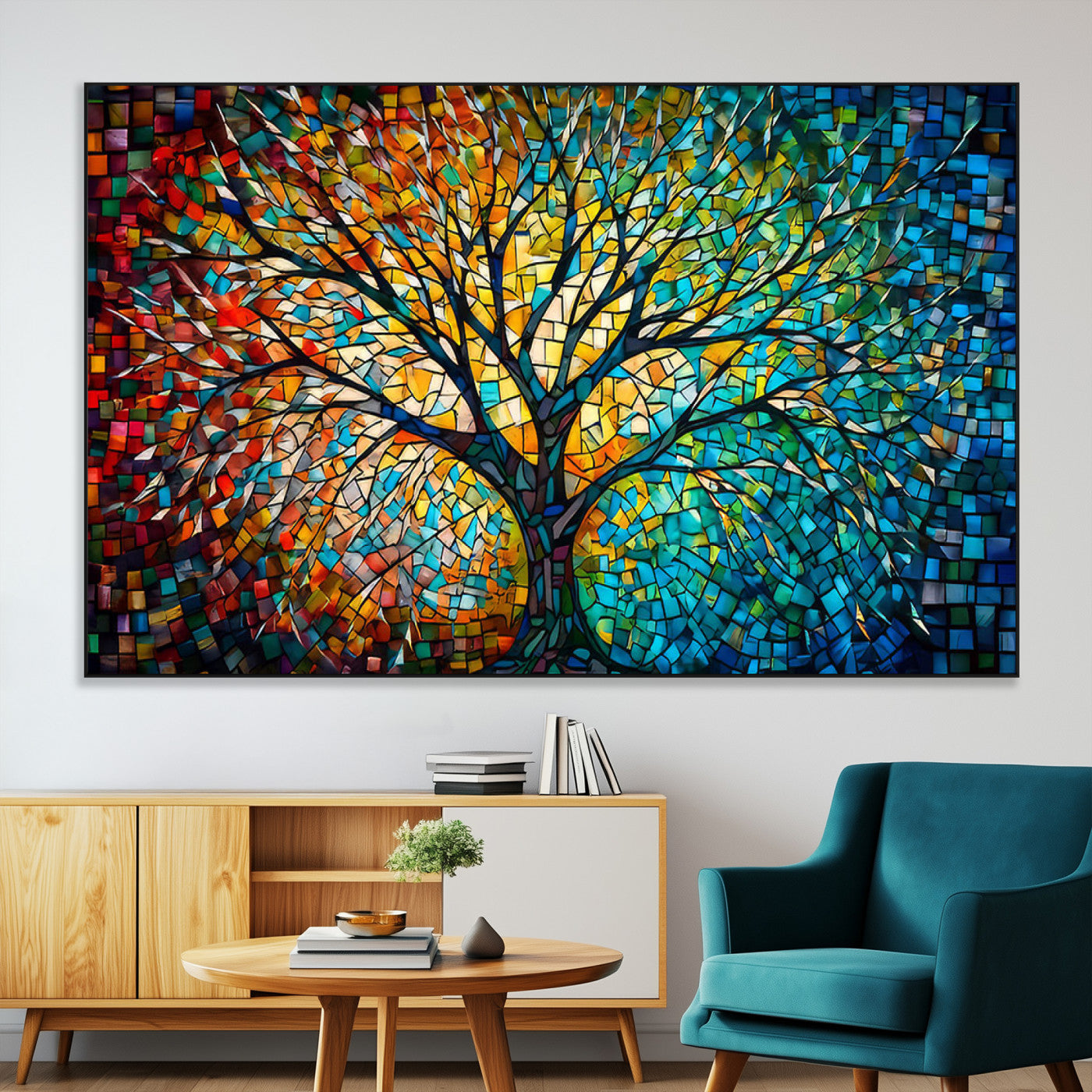 99325-MGV-CV-36X24-Tree of Life Wall Art – Vibrant Stained Glass Style Mosaic Canvas Print, Colorful Abstract Nature Artwork for Living Room,