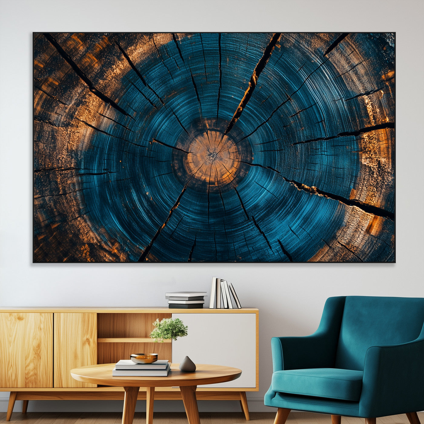 13398-MGV-CV-36X24-Tree Ring Wall Art – Abstract Wood Grain Canvas Print with Blue and Orange Accents, Rustic Nature Inspired Artwork for Living