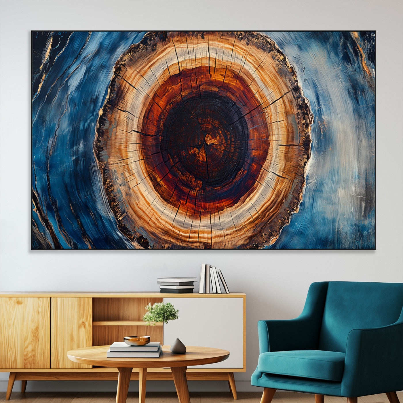 30457-MGV-CV-36X24-Tree Ring Wall Art – Abstract Wood Grain Canvas Print with Brown and Blue Swirl, Rustic Nature Inspired Artwork for Living Room,