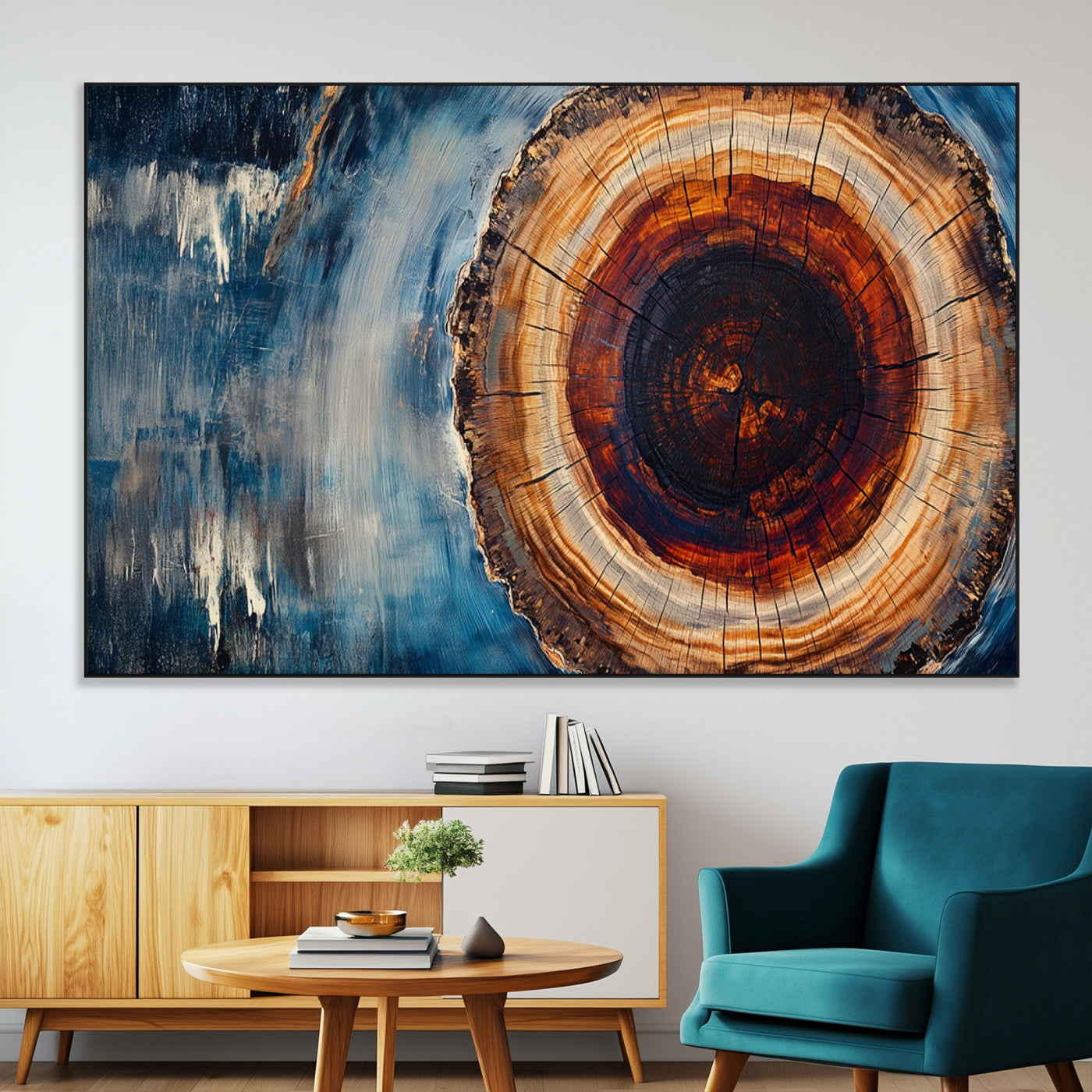 48045-MGV-CV-36X24-Tree Ring Abstract Wall Art – Rustic Wood Grain Canvas Print with Brown Center and Blue Brush Strokes, Nature Inspired Artwork for
