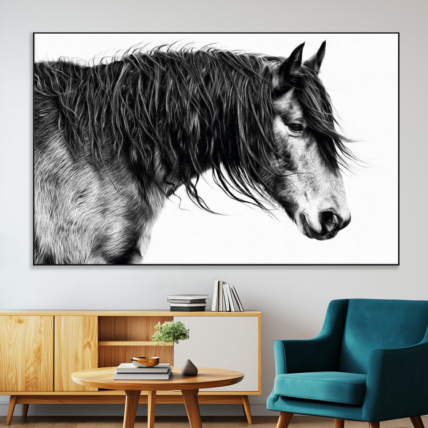 57694-MGV-CV-36X24-Horse Portrait Wall Art – Black and White Canvas Print with Detailed Stallion Profile, Rustic Farmhouse Equestrian Artwork for