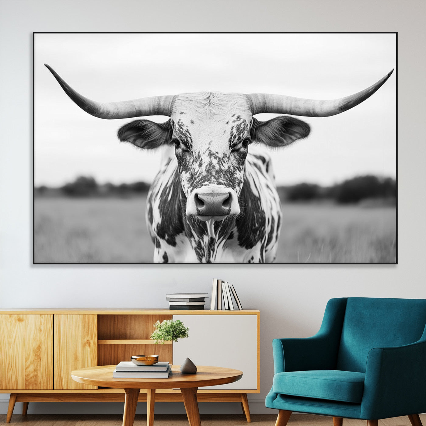20272-SEG-FC-51X34_Oversize-Highland Cow Wall Art – Black and White Western Longhorn Canvas Print, Farmhouse Living Room Decor Southwestern Animal Artwork for