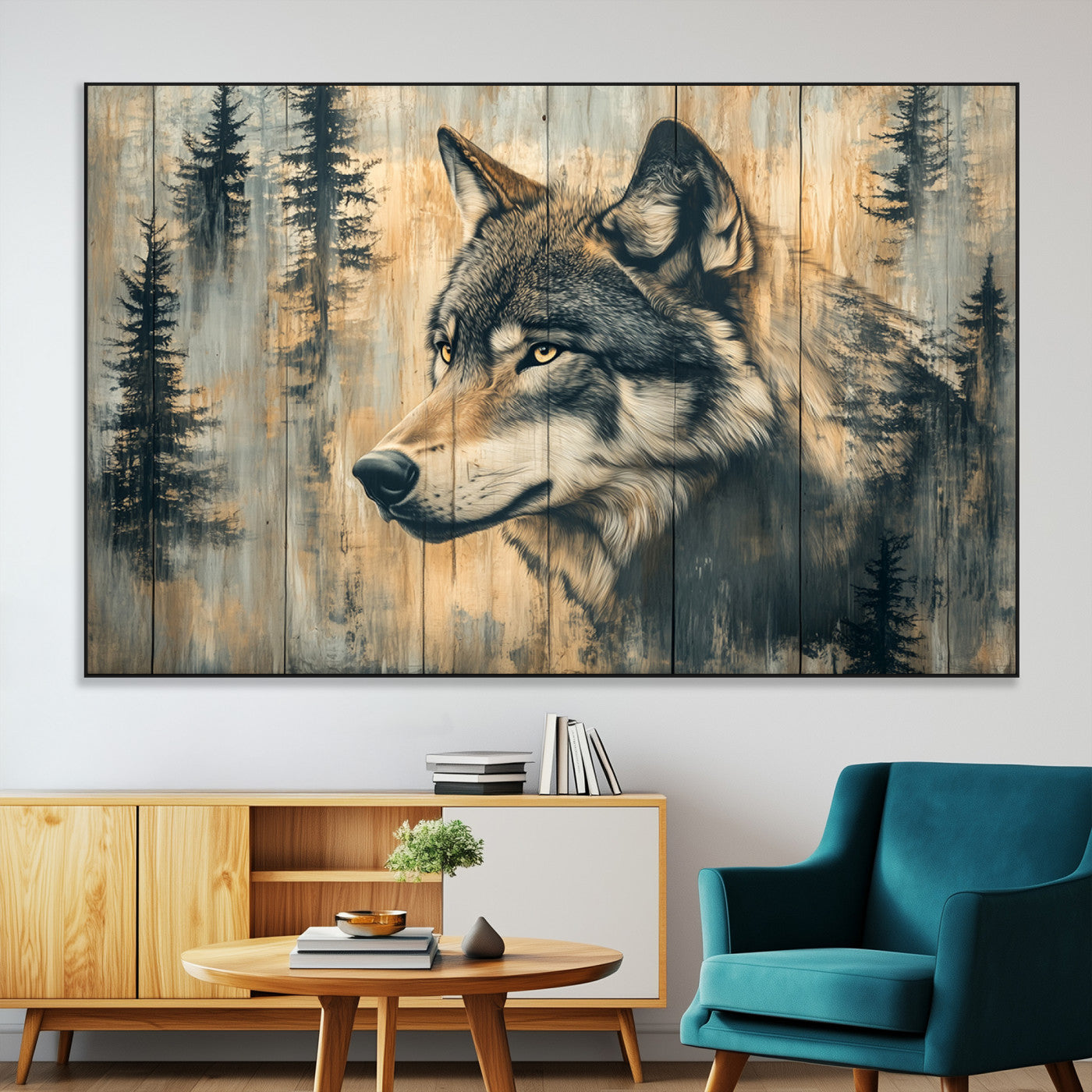 51892-MGV-CV-36X24-Wolf Wall Art – Rustic Canvas Print of Wolf with Forest Trees on Wood Texture, Wildlife Lodge Artwork for Living Room, Bedroom,