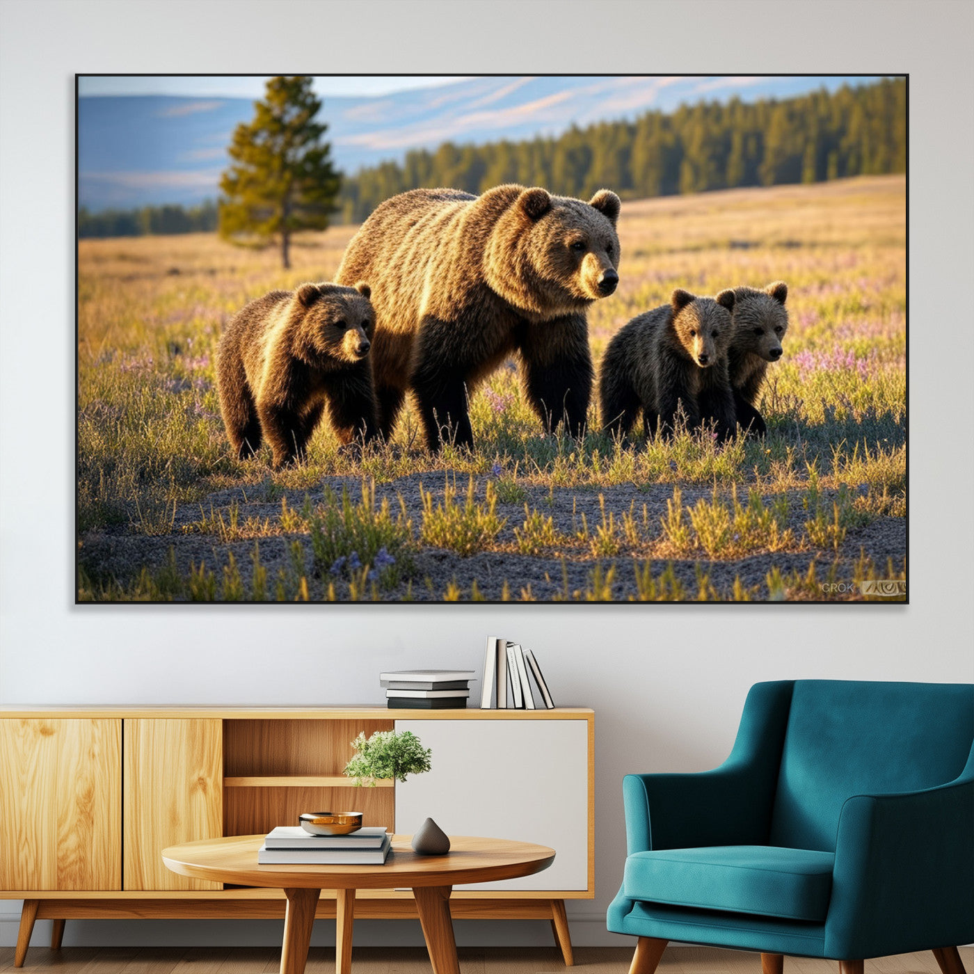 43400-MGV-CV-36X24-Bear Family Wall Art – Wildlife Canvas Print of Mother Bear with Cubs in Sunlit Meadow, Rustic Animal Artwork for Living Room,