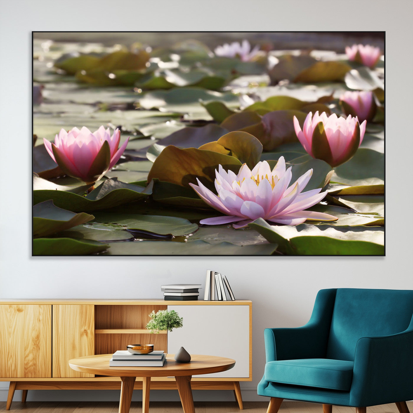 28394-MGV-CV-36X24-Water Lily Pond Wall Art – Pink Lotus Flowers Canvas Print with Green Lily Pads, Peaceful Botanical Artwork for Living Room,