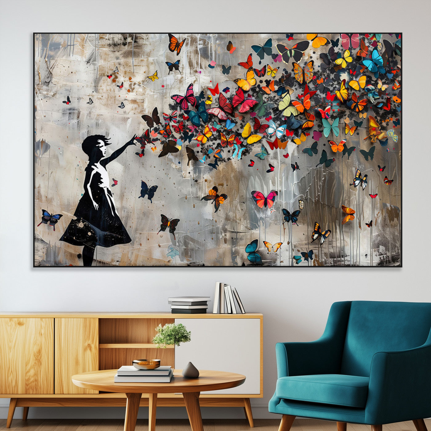 51446-MGV-CV-36X24-Butterfly Wall Art – Modern Street Style Canvas Print with Girl Silhouette and Colorful Butterflies, Contemporary Artwork for