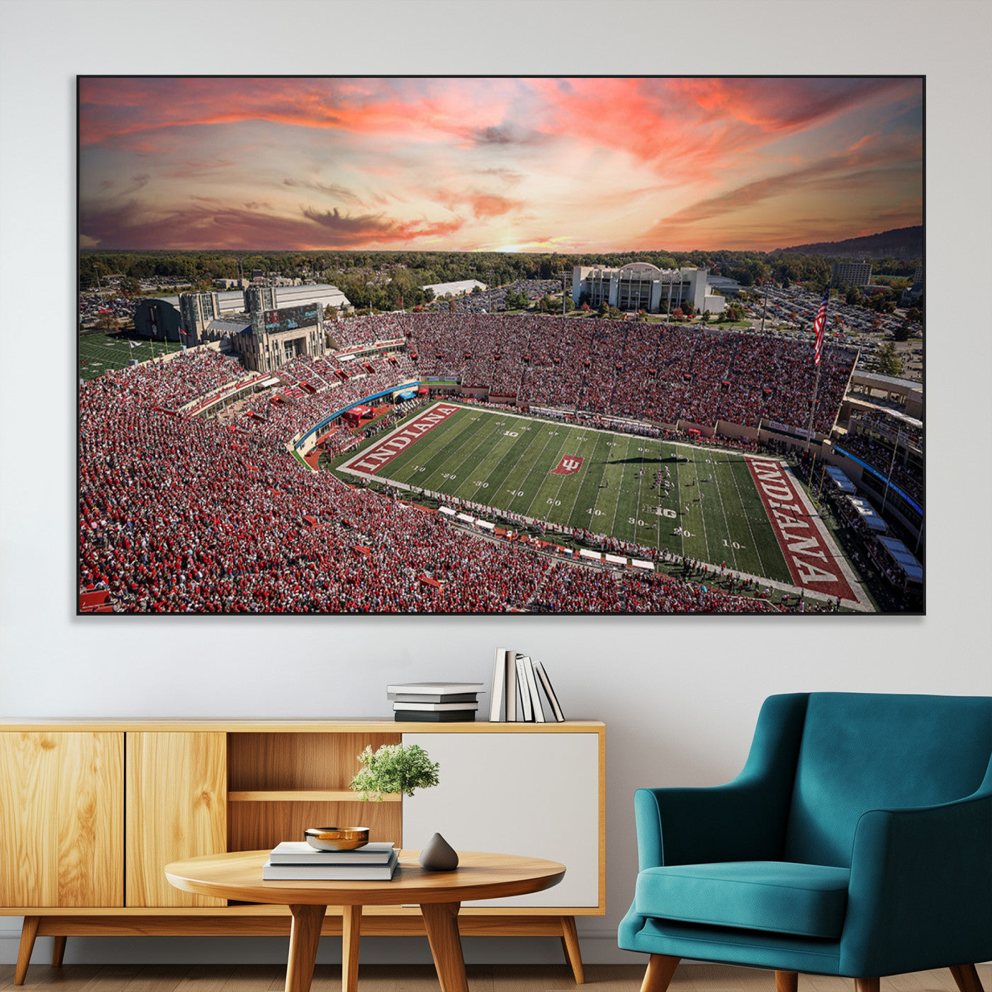51135-MGV-CV-36X24-Indiana Hoosiers Stadium Wall Art – Panoramic Football Canvas Print with Game Day Crowd and Sunset Sky, Sports Artwork for Man