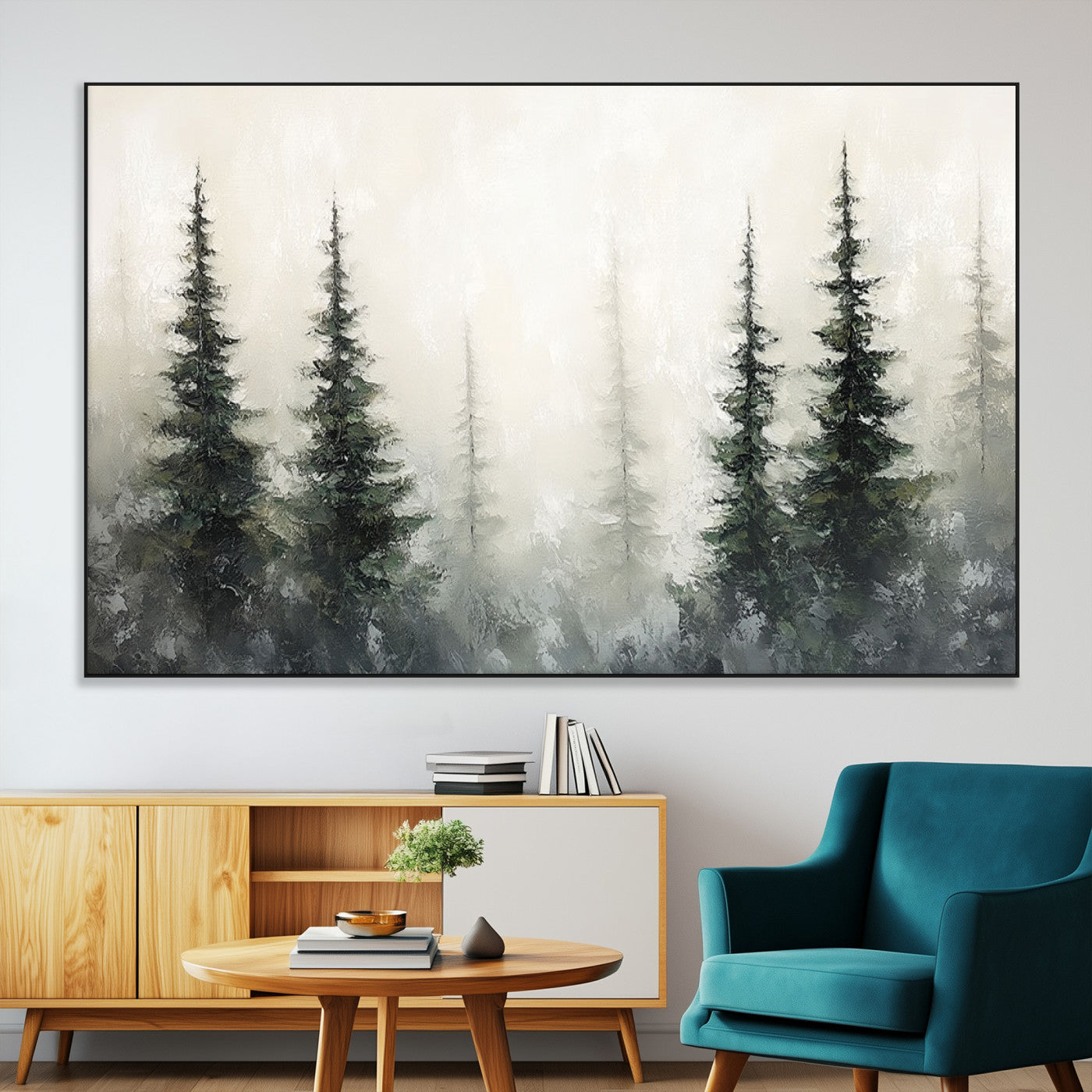 33241-MGV-CV-36X24-Misty Forest Wall Art Canvas Print, Framed Foggy Pines Art Picture Print, Forest Haze Perfect Rustic Minimalist Decor Artwork
