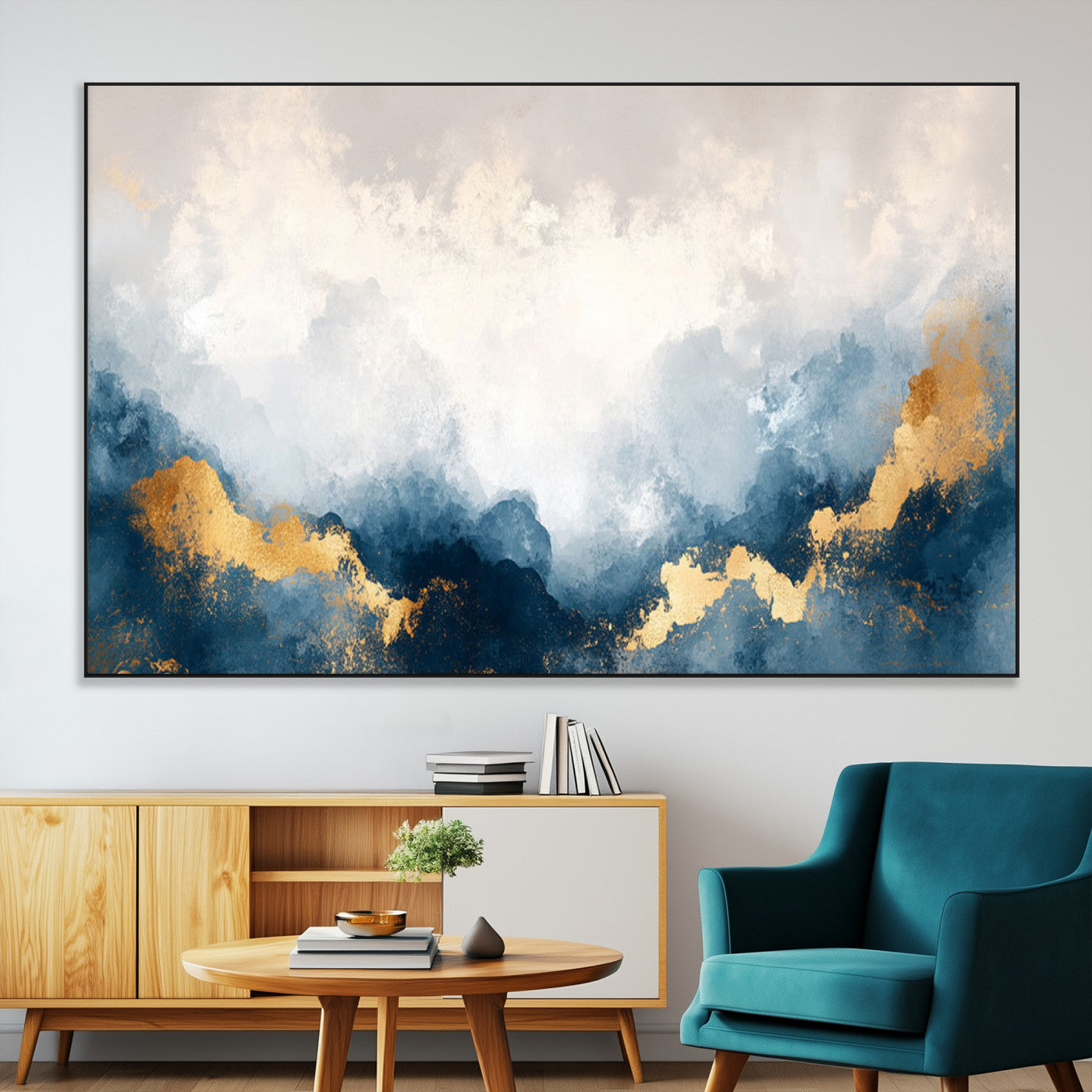 14578-MGV-CV-36X24-Abstract Wall Art – Modern Canvas Print Featuring Blue and White Clouds with Golden Accents, Contemporary Elegant Artwork for