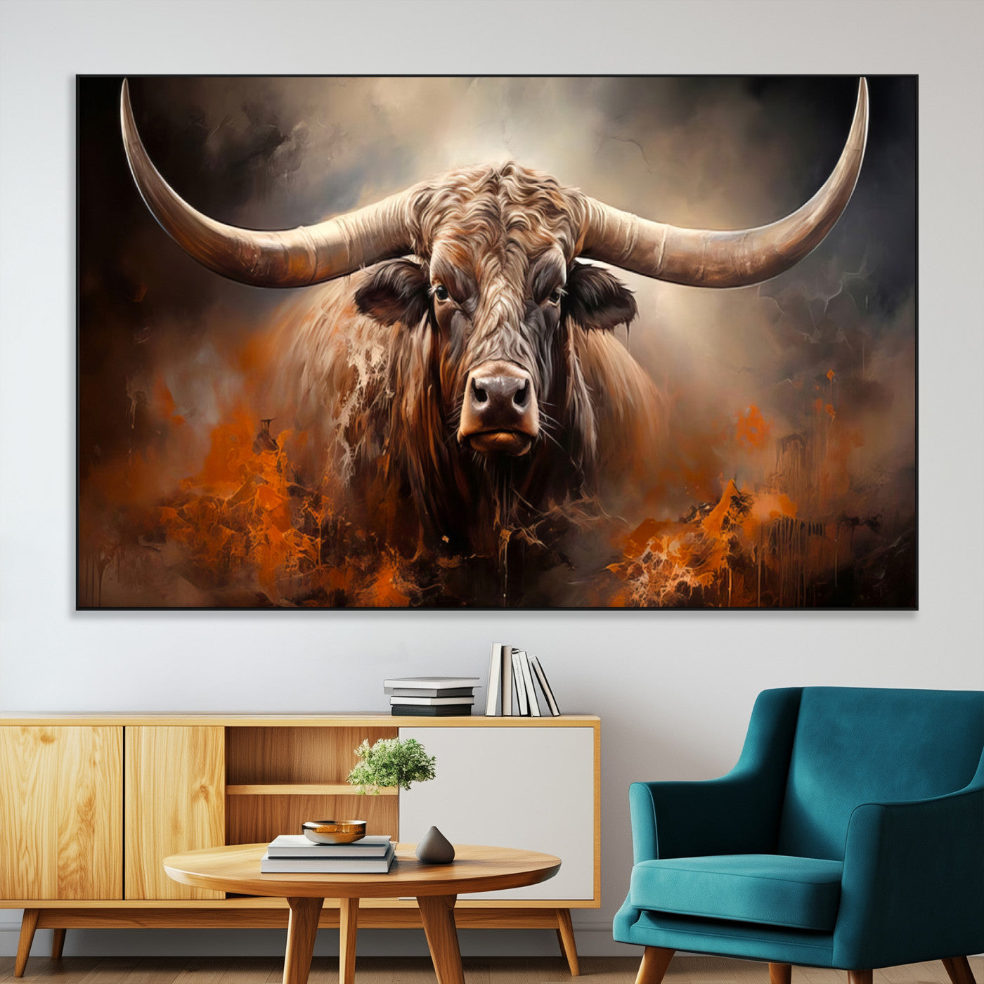 240479-MGV-CV-36X24-Longhorn Bull Wall Art – Dramatic Western Canvas Print Featuring Horned Bull with Fiery Background, Rustic Farmhouse Artwork for