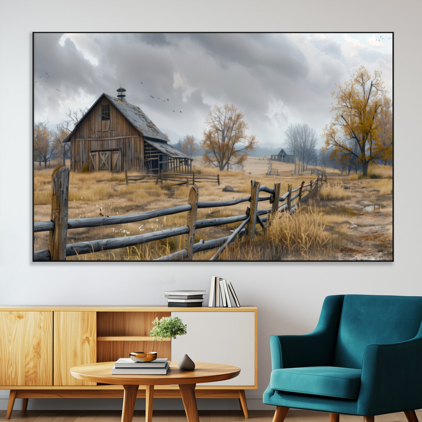 Farm1-SEG-FC-51X34_Oversize-Rustic Autumn Farmhouse Wall Art – Serene Countryside Scene Canvas Print, Weathered Barn and Autumn Trees Decor for Living Room,