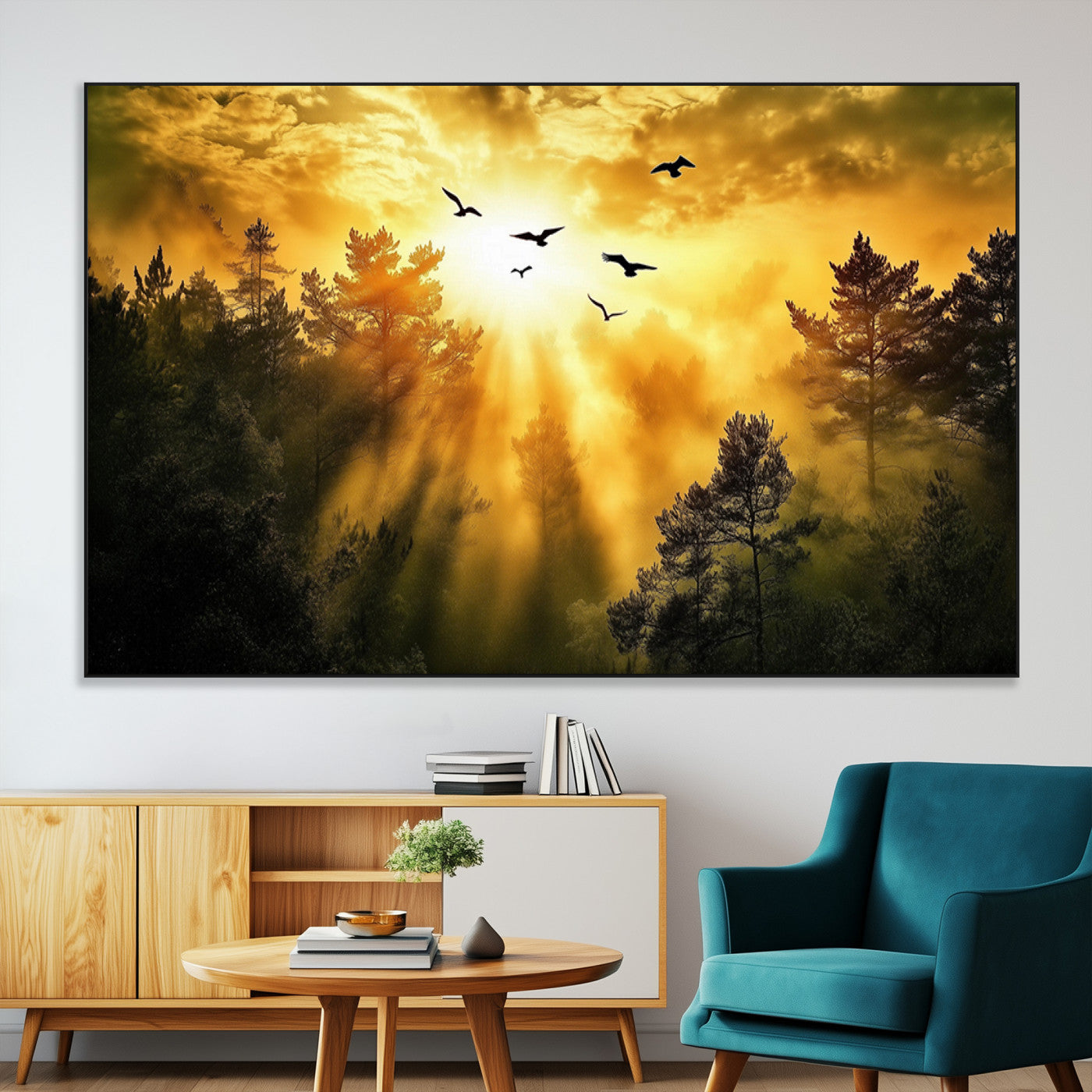 13776802-MGV-CV-36X24-Golden Forest Wall Art Canvas Print, Framed Sunset Pines Art Picture Print, Flying Birds Perfect Nature Glow Decor Artwork