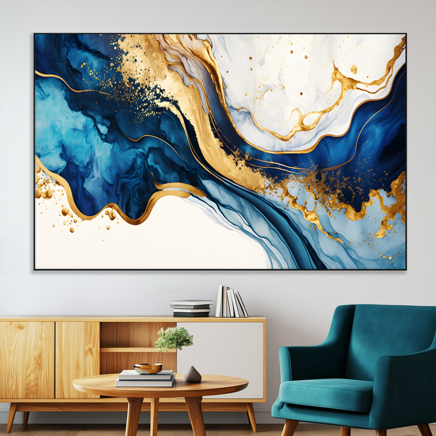 60283636-MGV-CV-36X24-Blue Gold Flow Wall Art Canvas Print, Framed Marble Texture Art Picture Print, Elegant Splash Perfect Elegant Abstract Decor